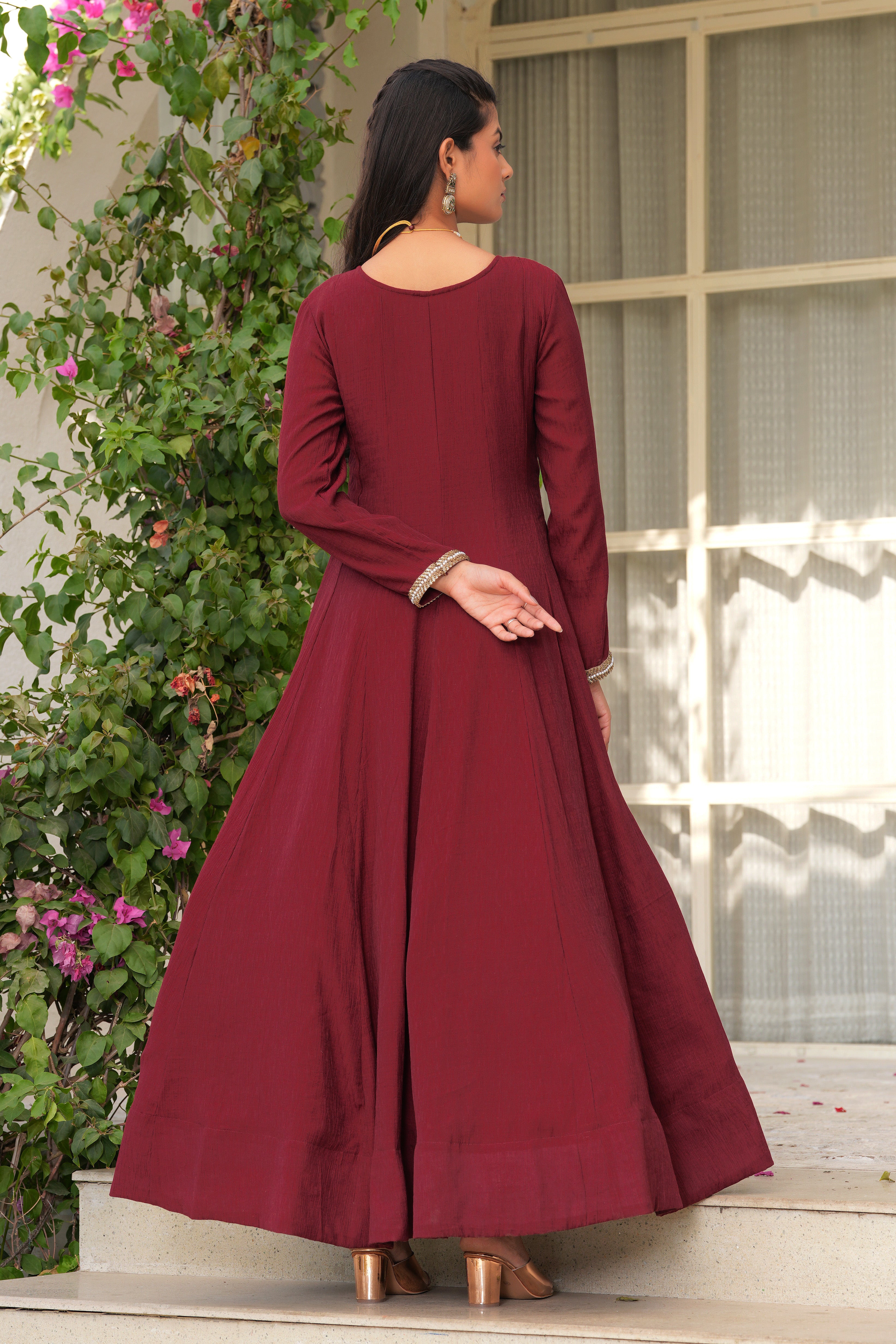 Maroon Rani Haar Marsala Anarkali Dress with Tissue Dupatta