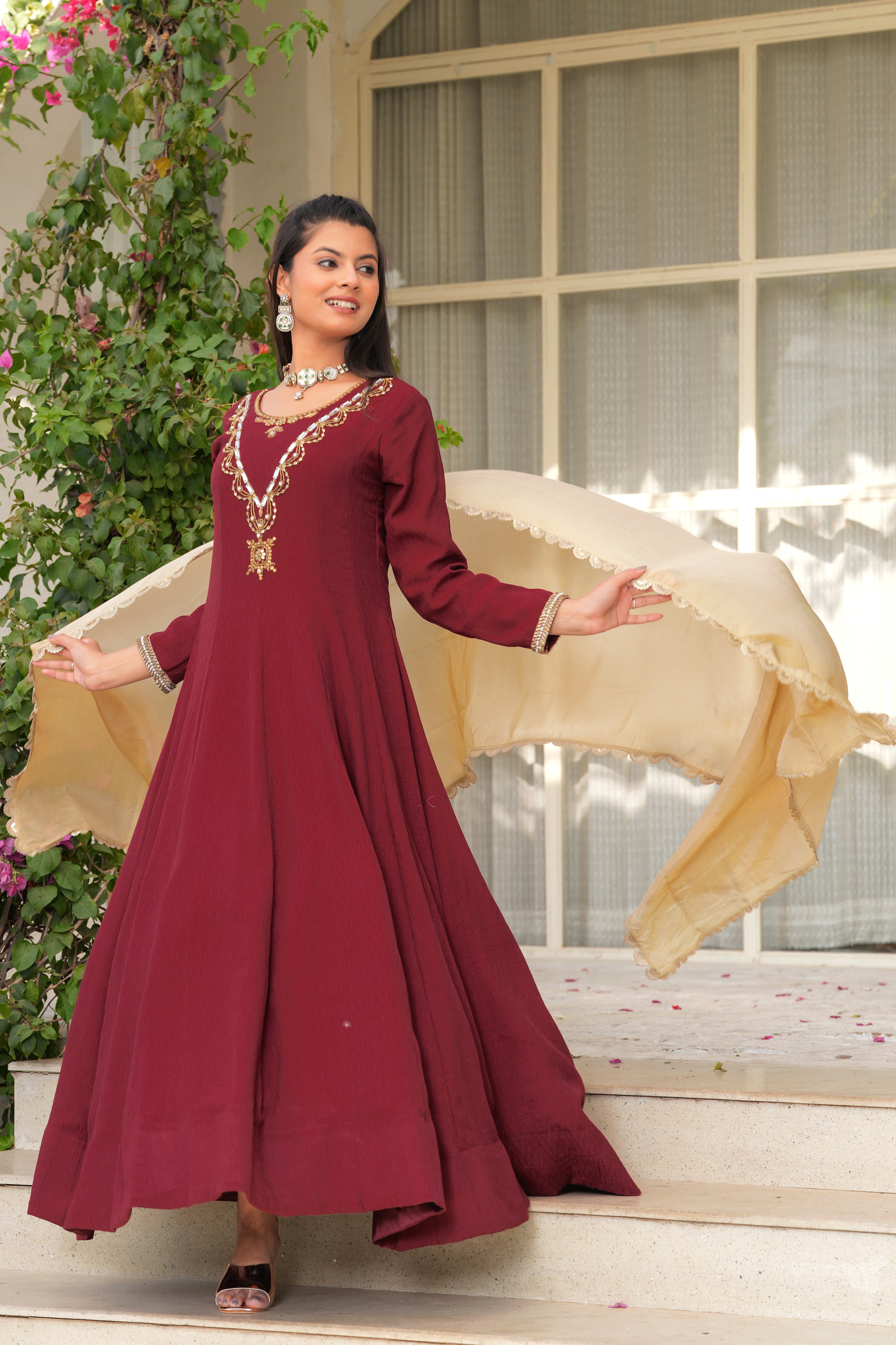 Maroon Rani Haar Marsala Anarkali Dress with Tissue Dupatta
