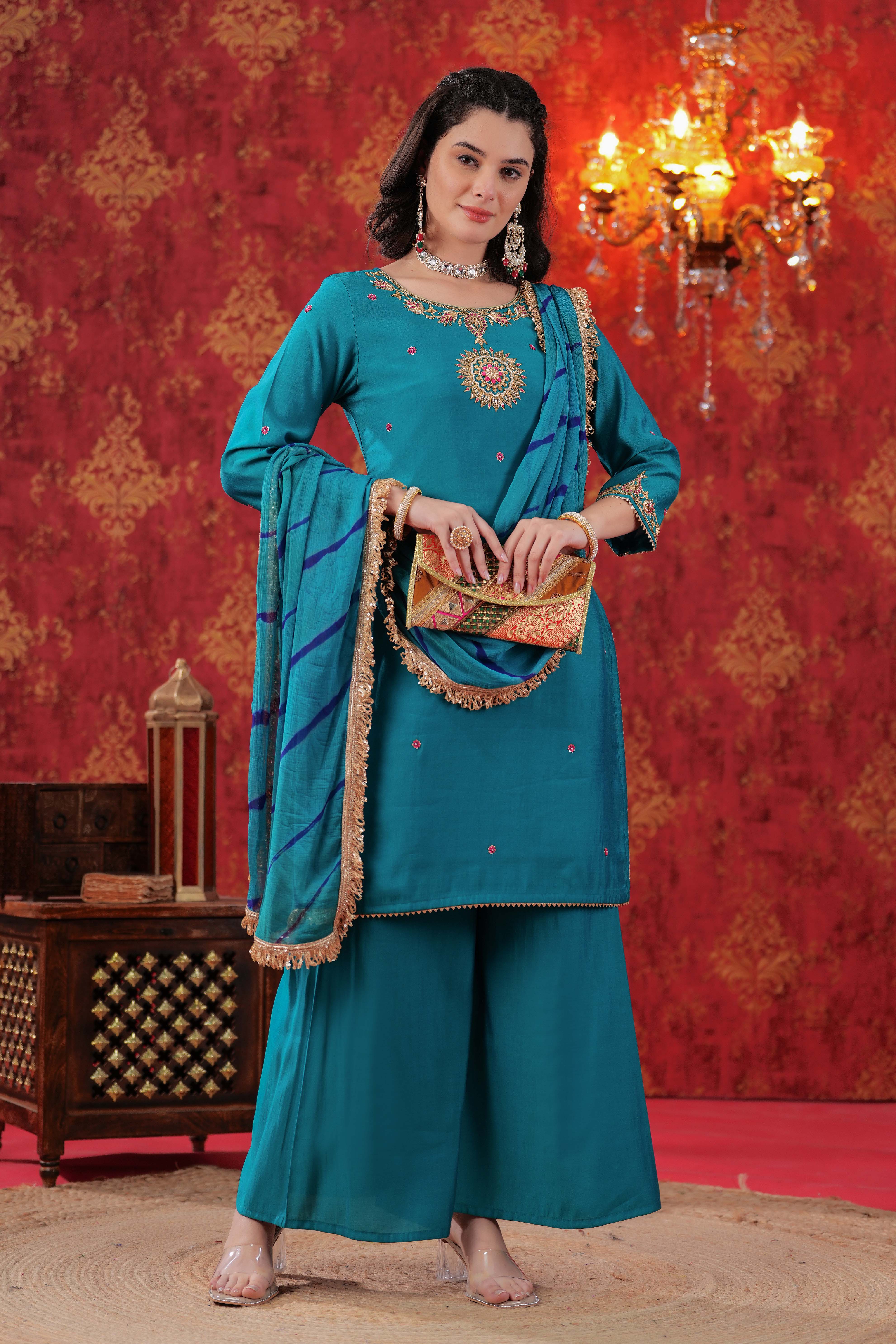 Turquoise Firoza Sharara Set with Leheriya Dupatta