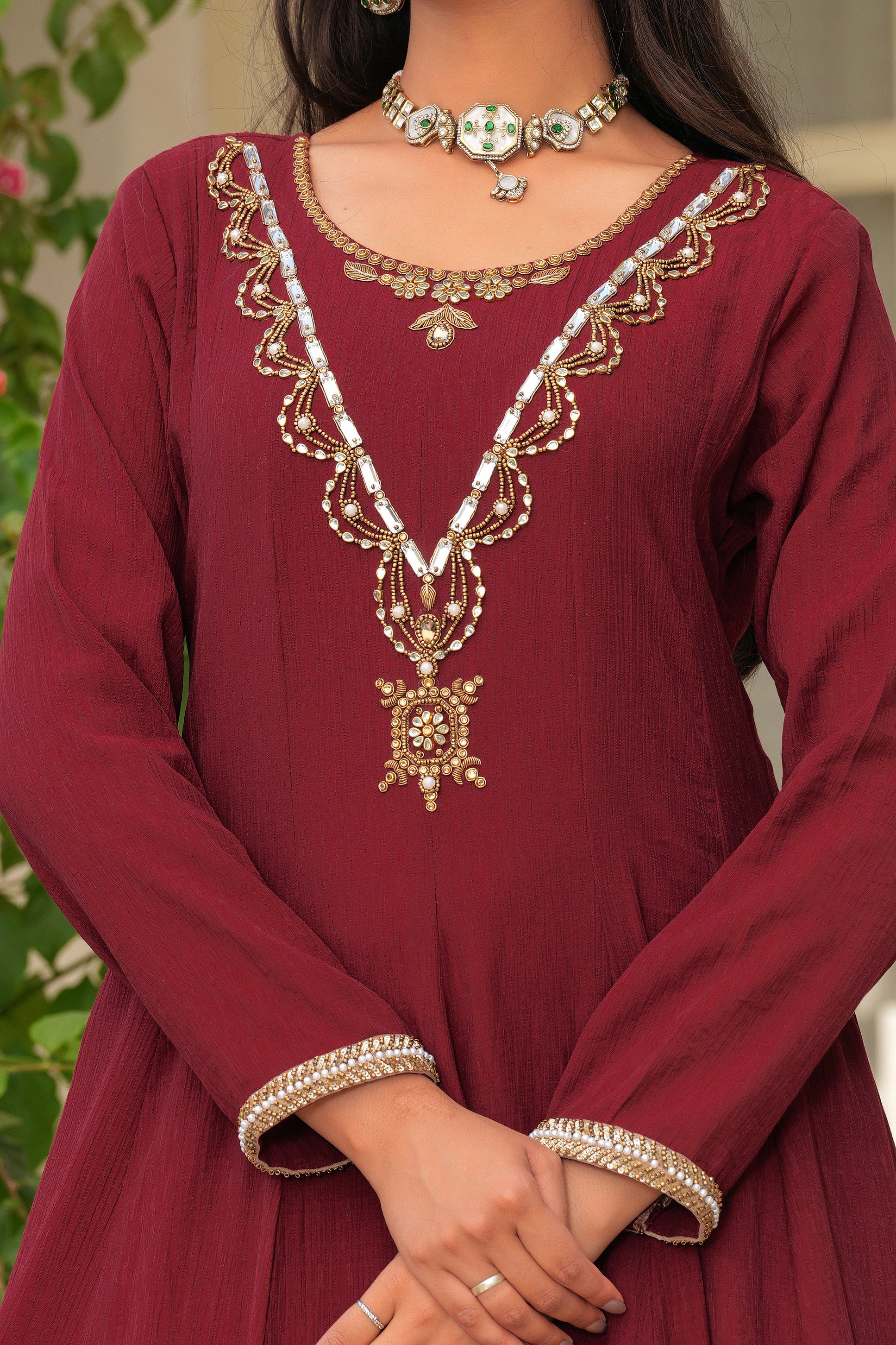 Maroon Rani Haar Marsala Anarkali Dress with Tissue Dupatta