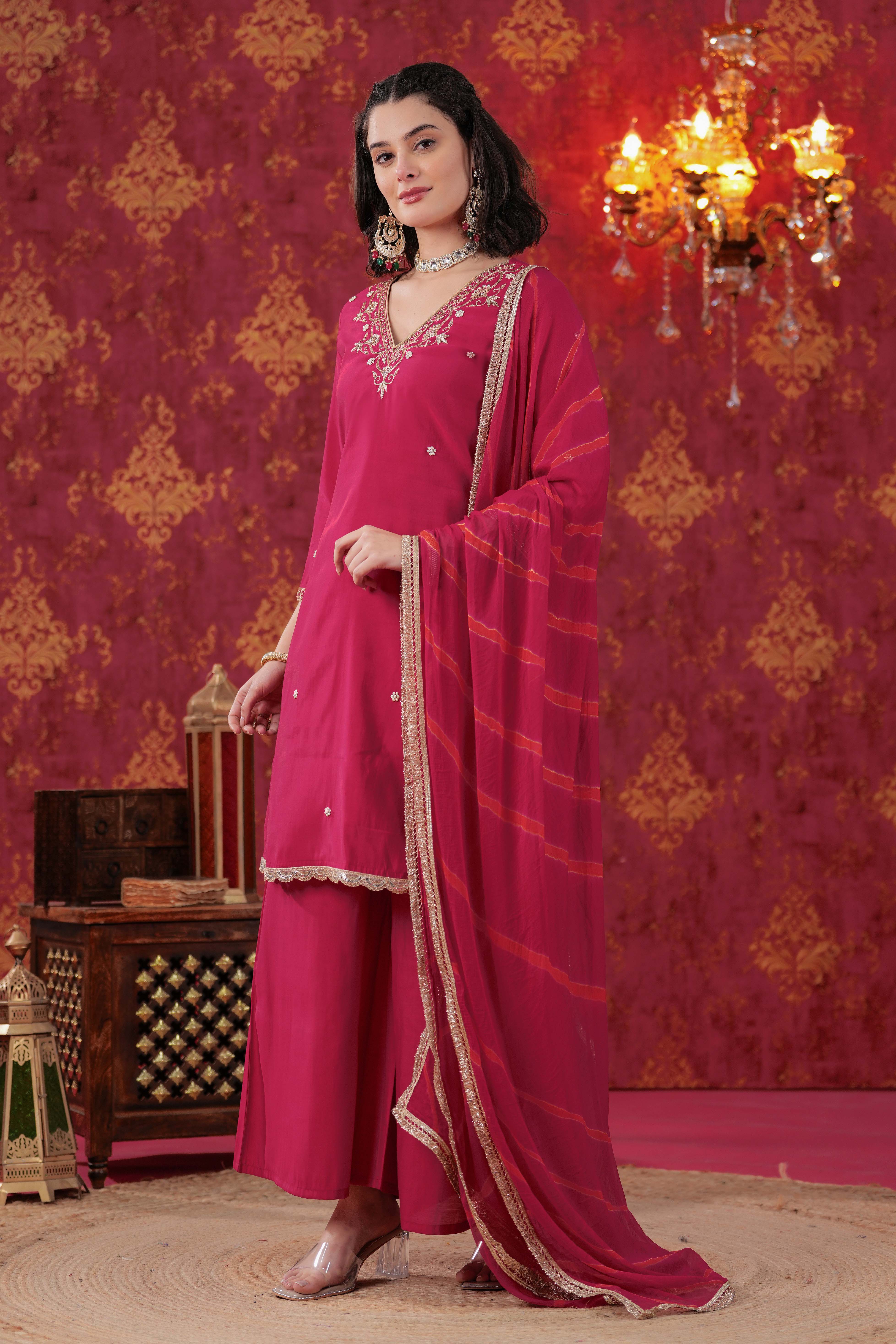 Cherry Red Sharara Set with Leheriya Dupatta