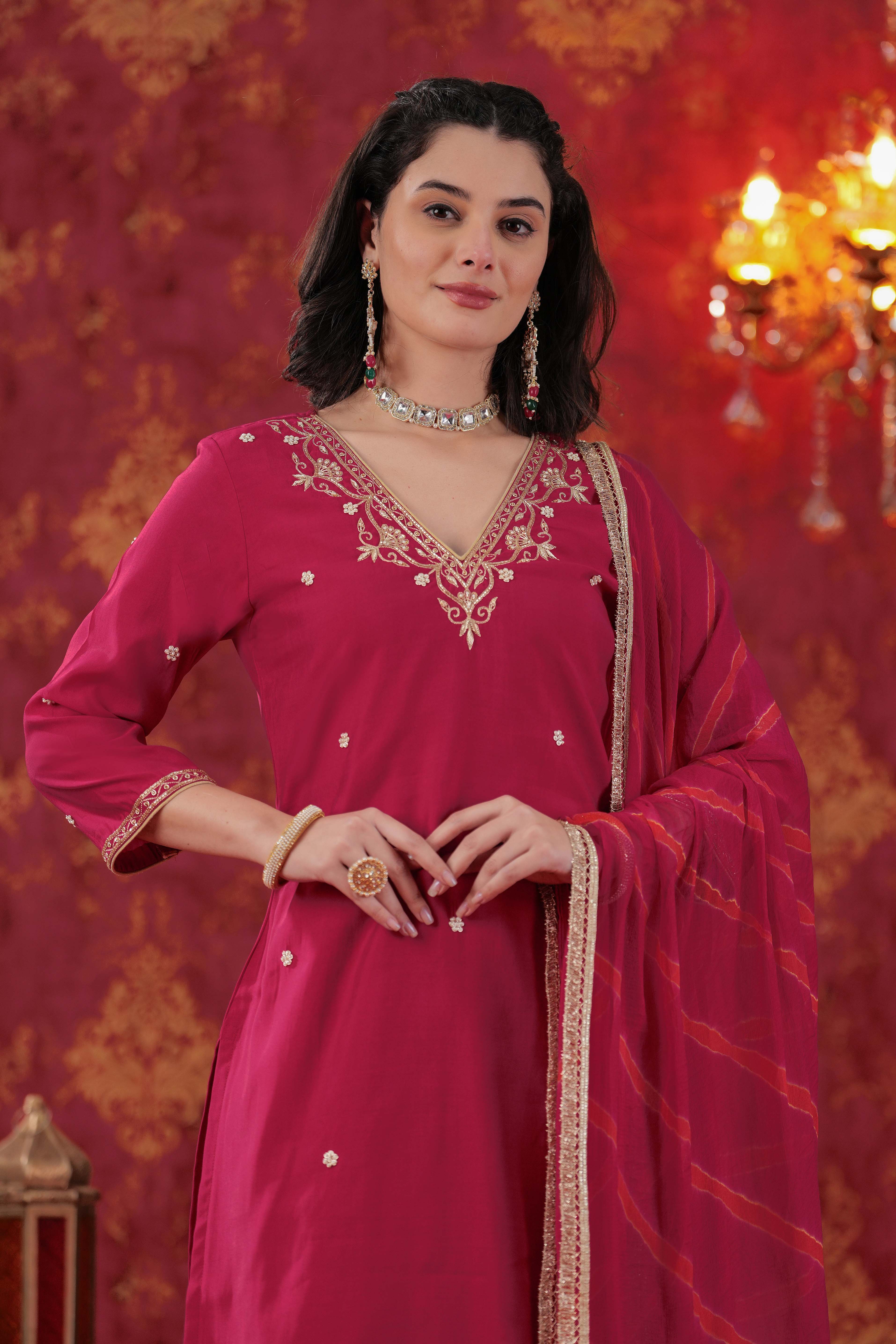 Cherry Red Sharara Set with Leheriya Dupatta