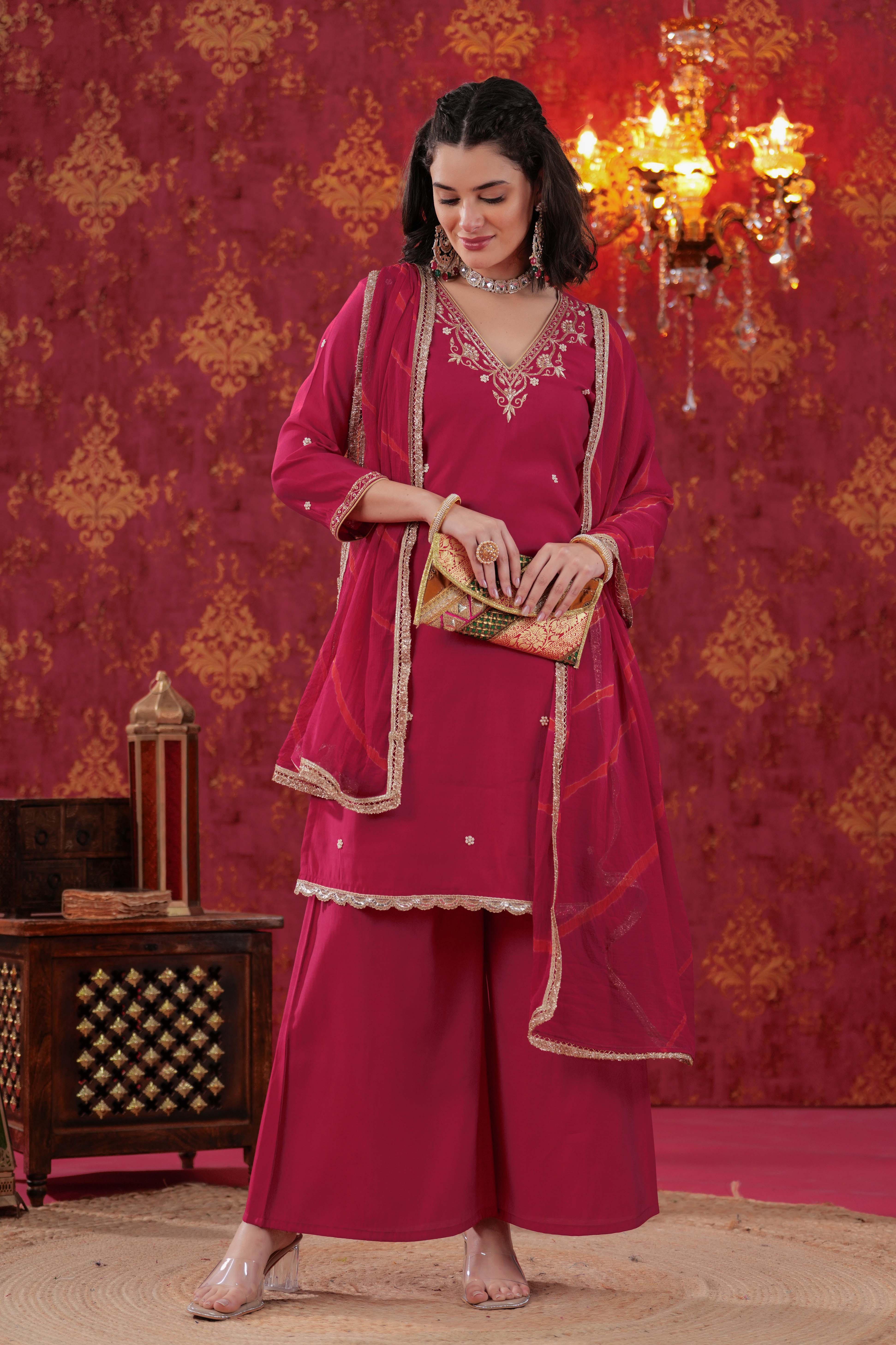 Cherry Red Sharara Set with Leheriya Dupatta
