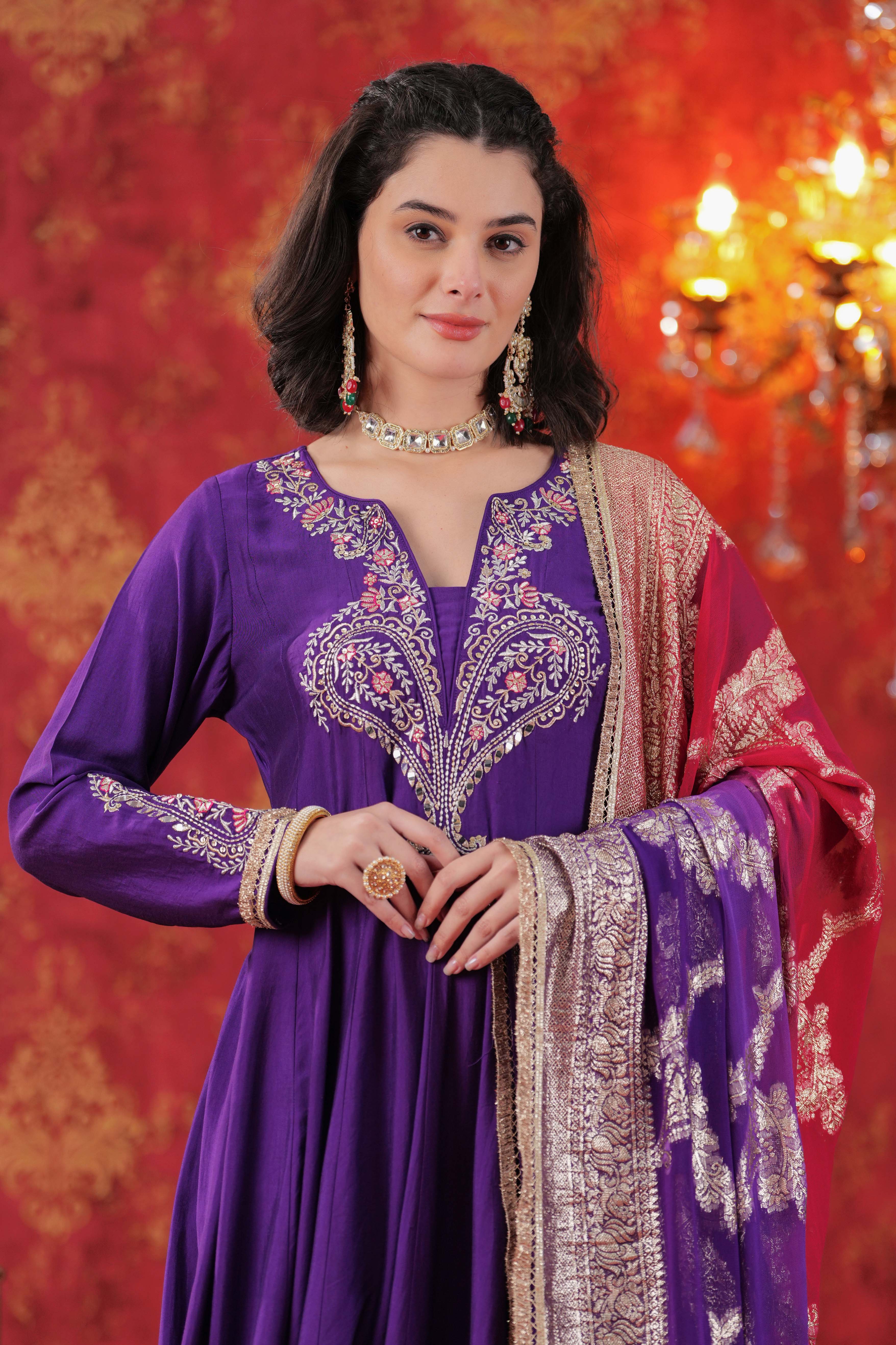 Purple Indira Anarkali Set with Ombre Dupatta