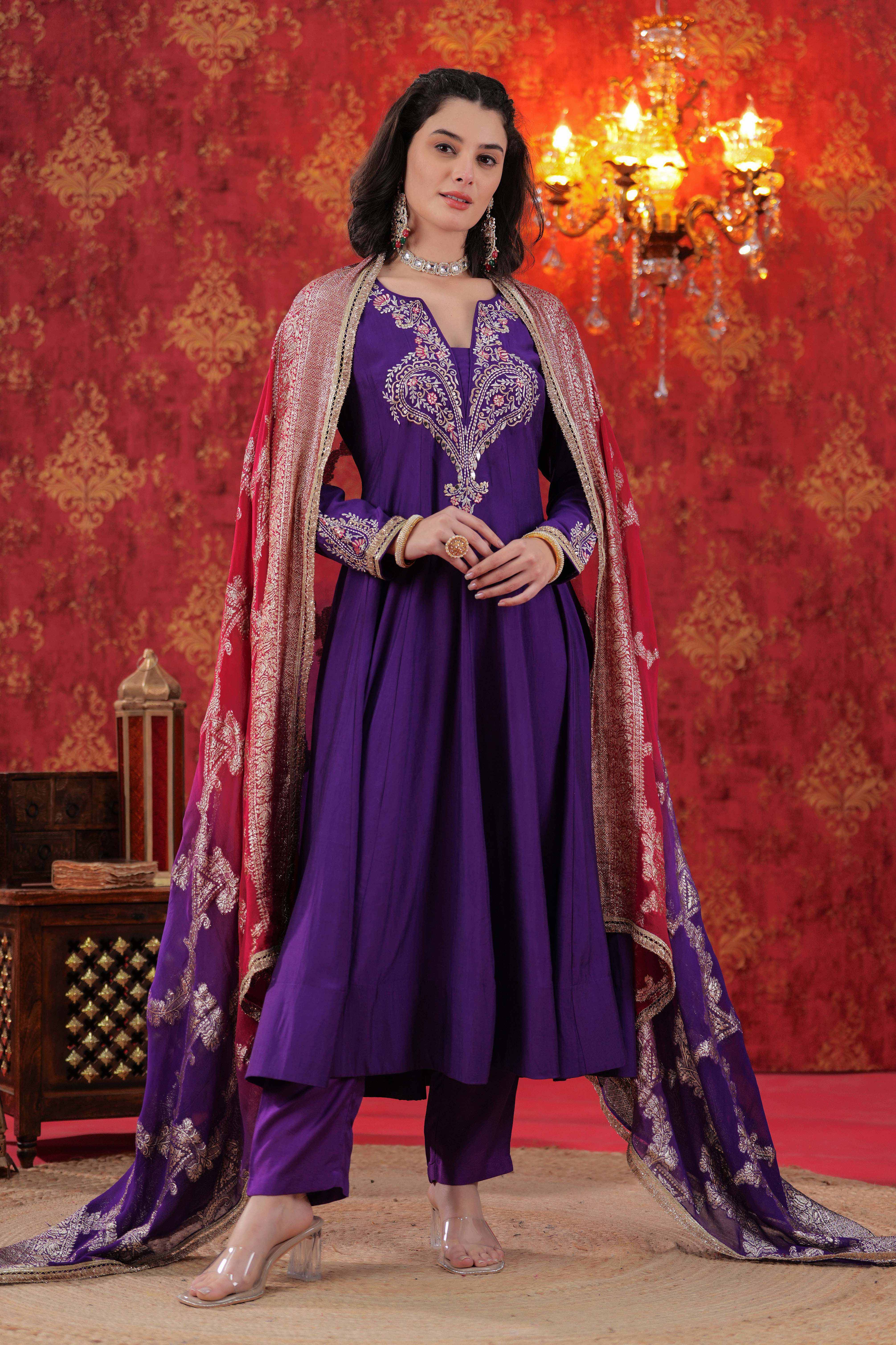 Purple Indira Anarkali Set with Ombre Dupatta