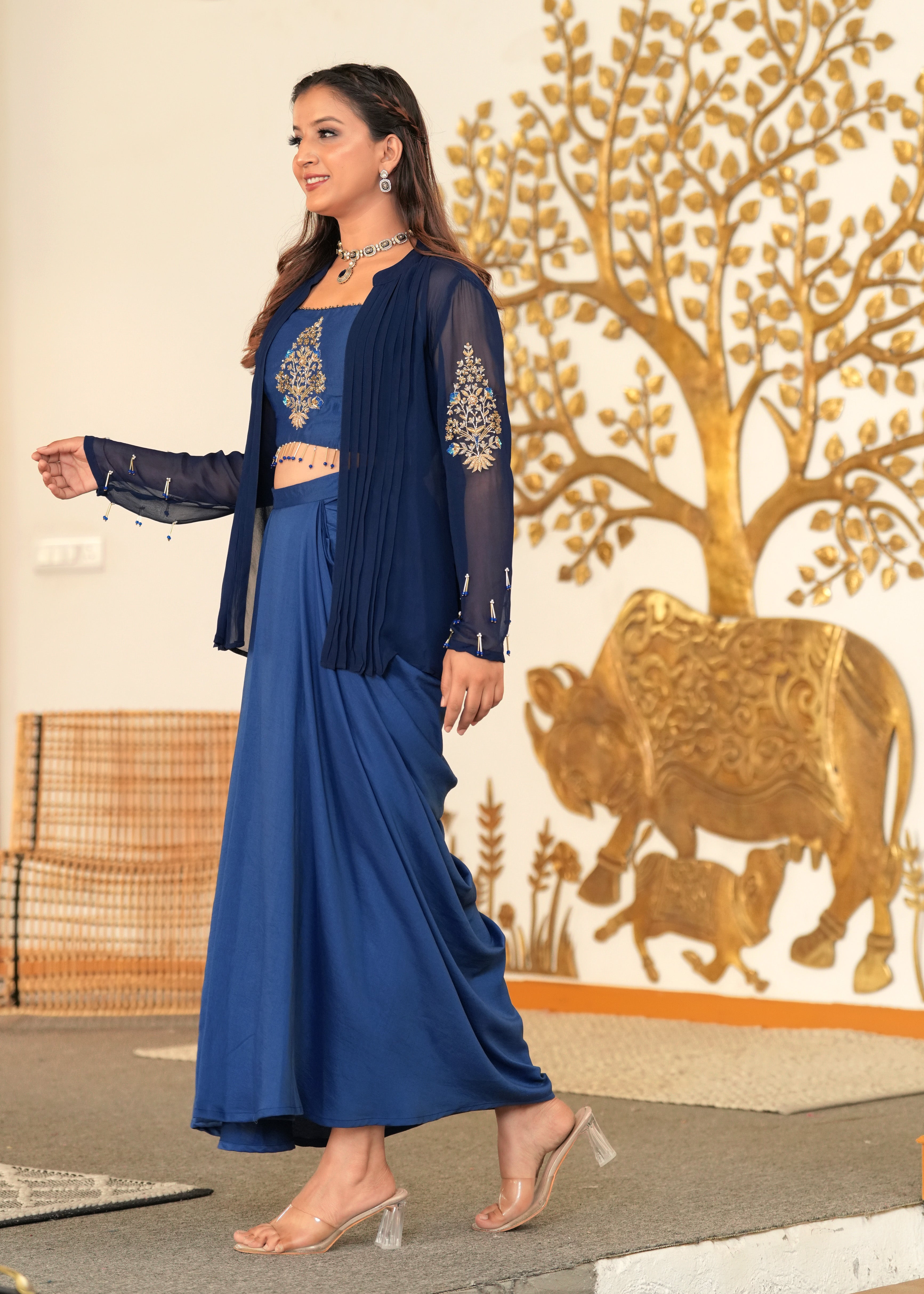 Blue Lagoon Hand Embroidered Draped Skirt Fusion Set