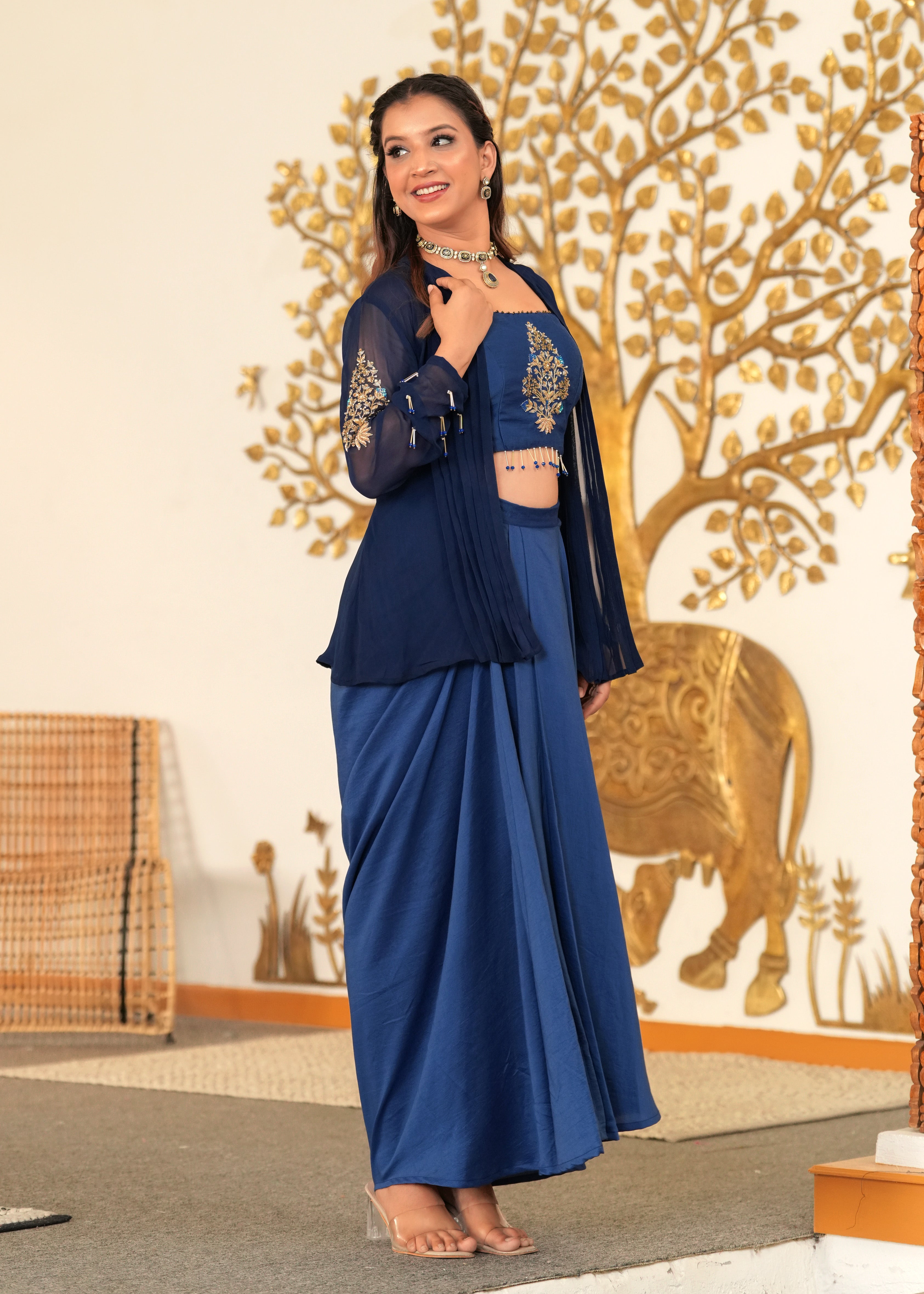Blue Lagoon Hand Embroidered Draped Skirt Fusion Set