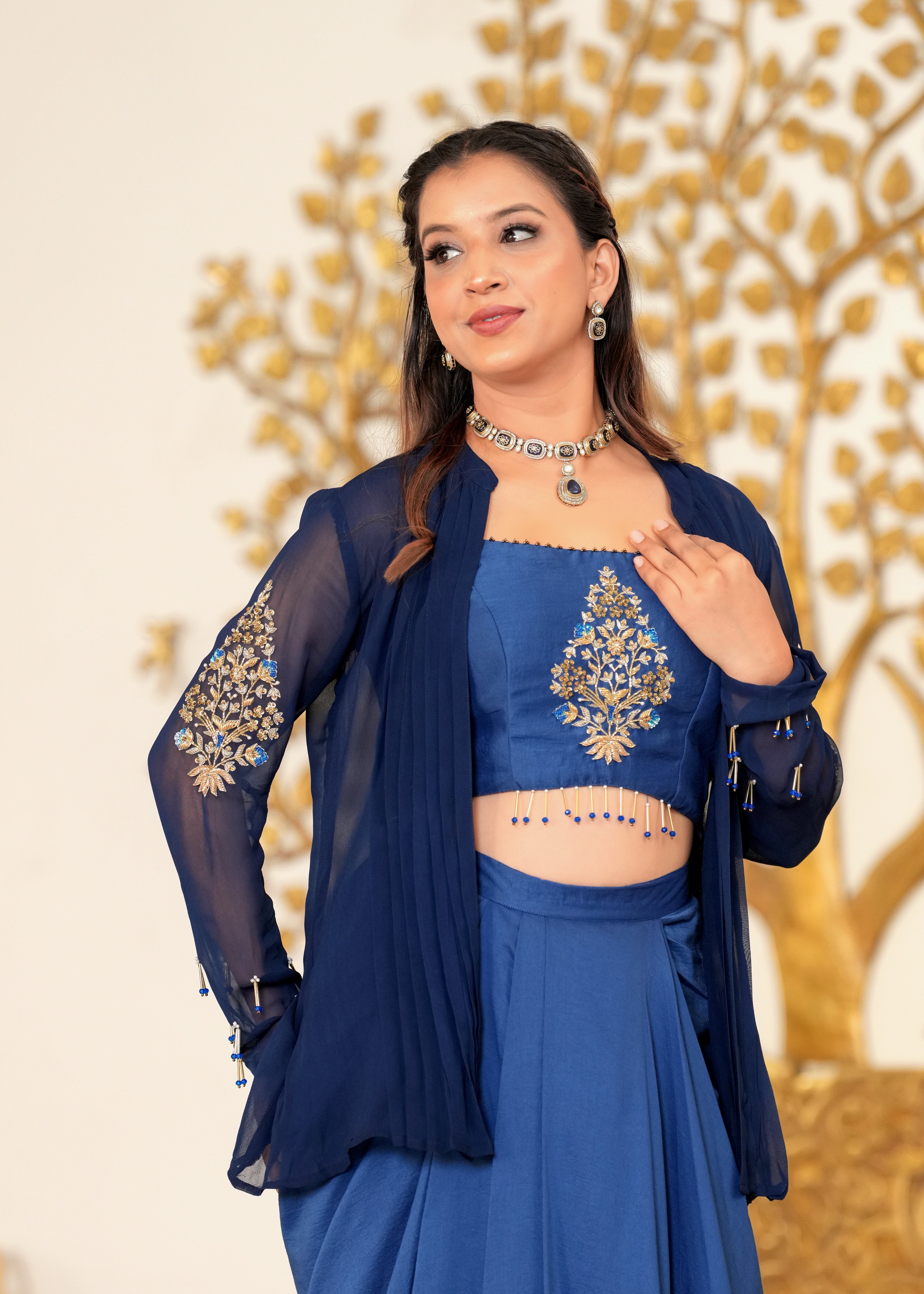 Blue Lagoon Hand Embroidered Draped Skirt Fusion Set