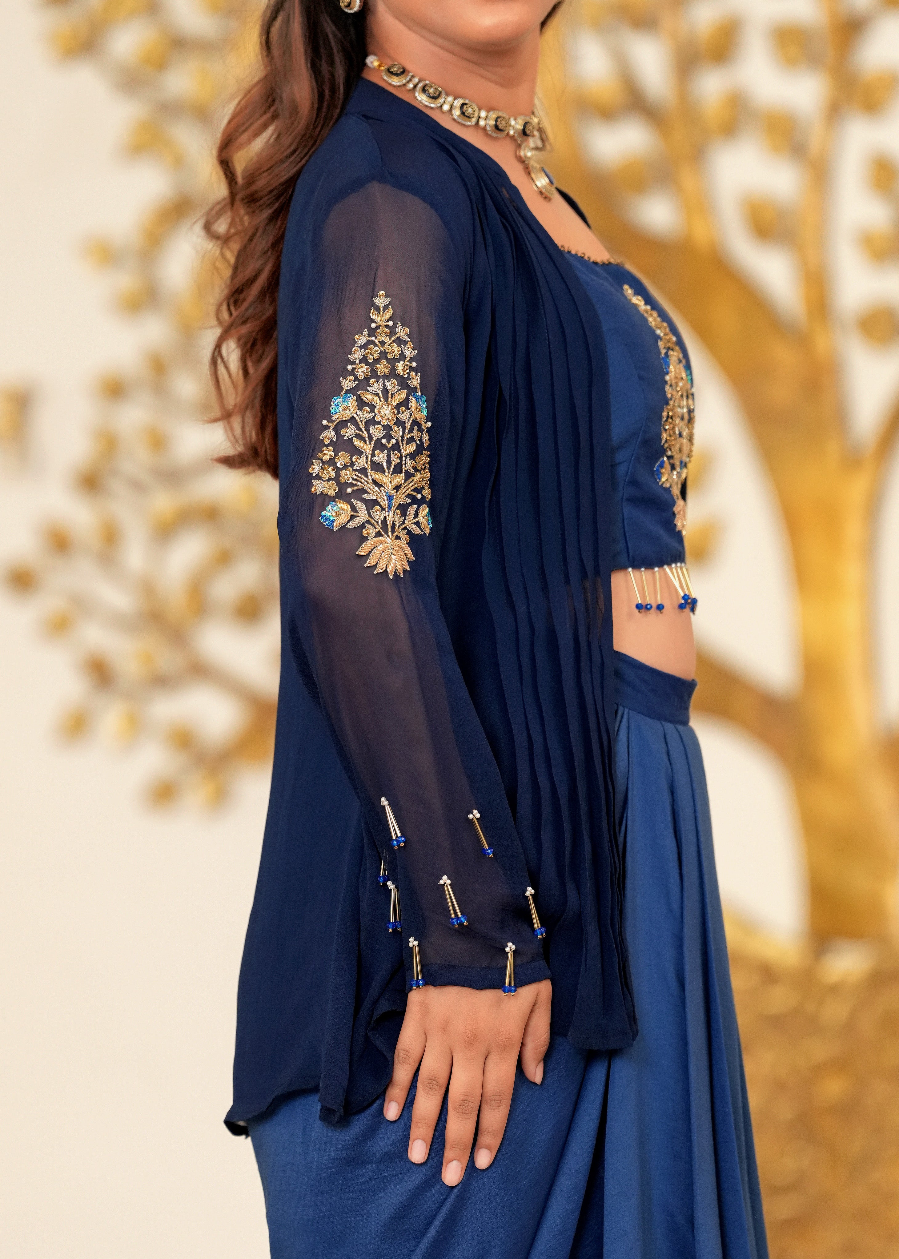 Blue Lagoon Hand Embroidered Draped Skirt Fusion Set