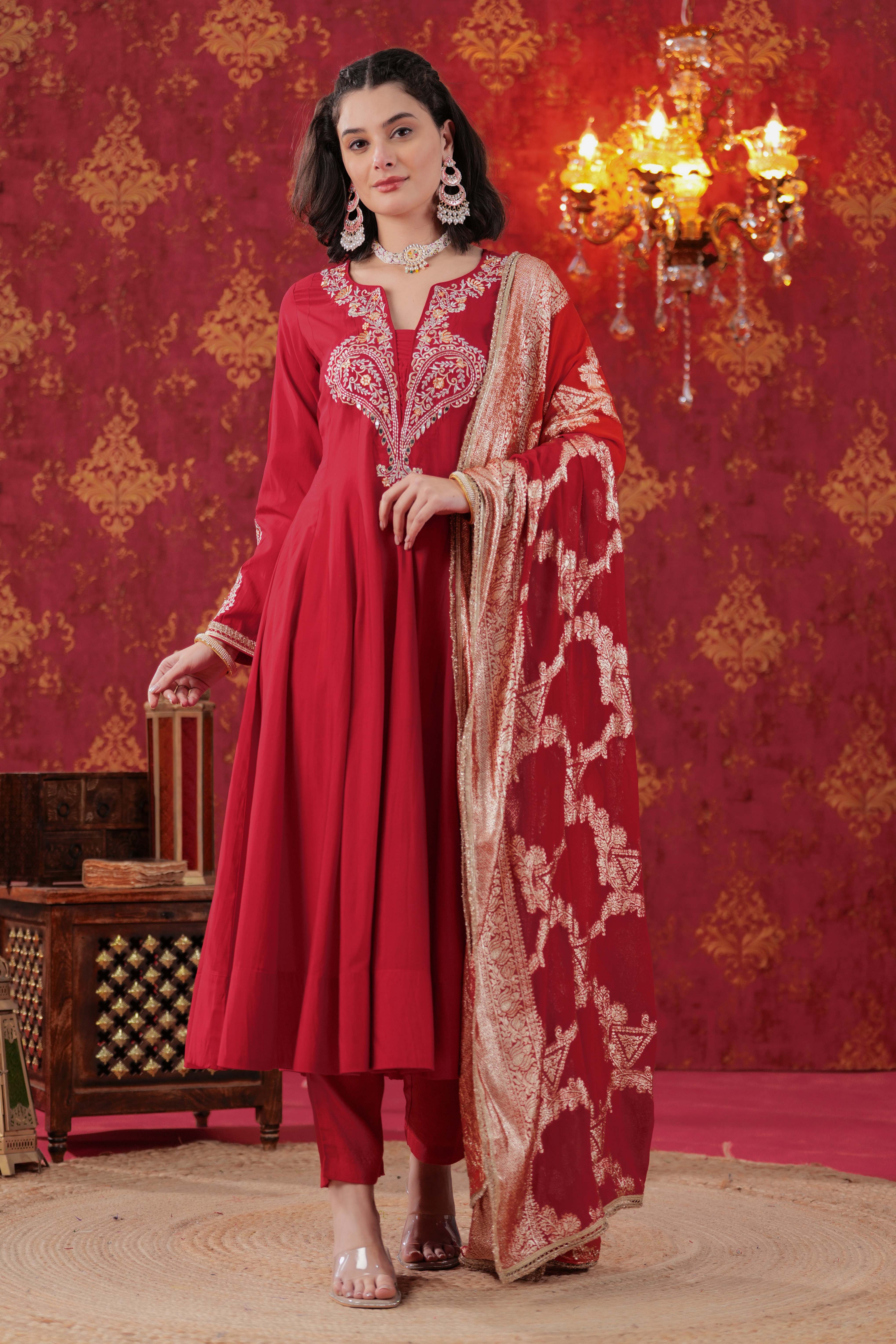 Red Indira Anarkali Set with Ombre Dupatta