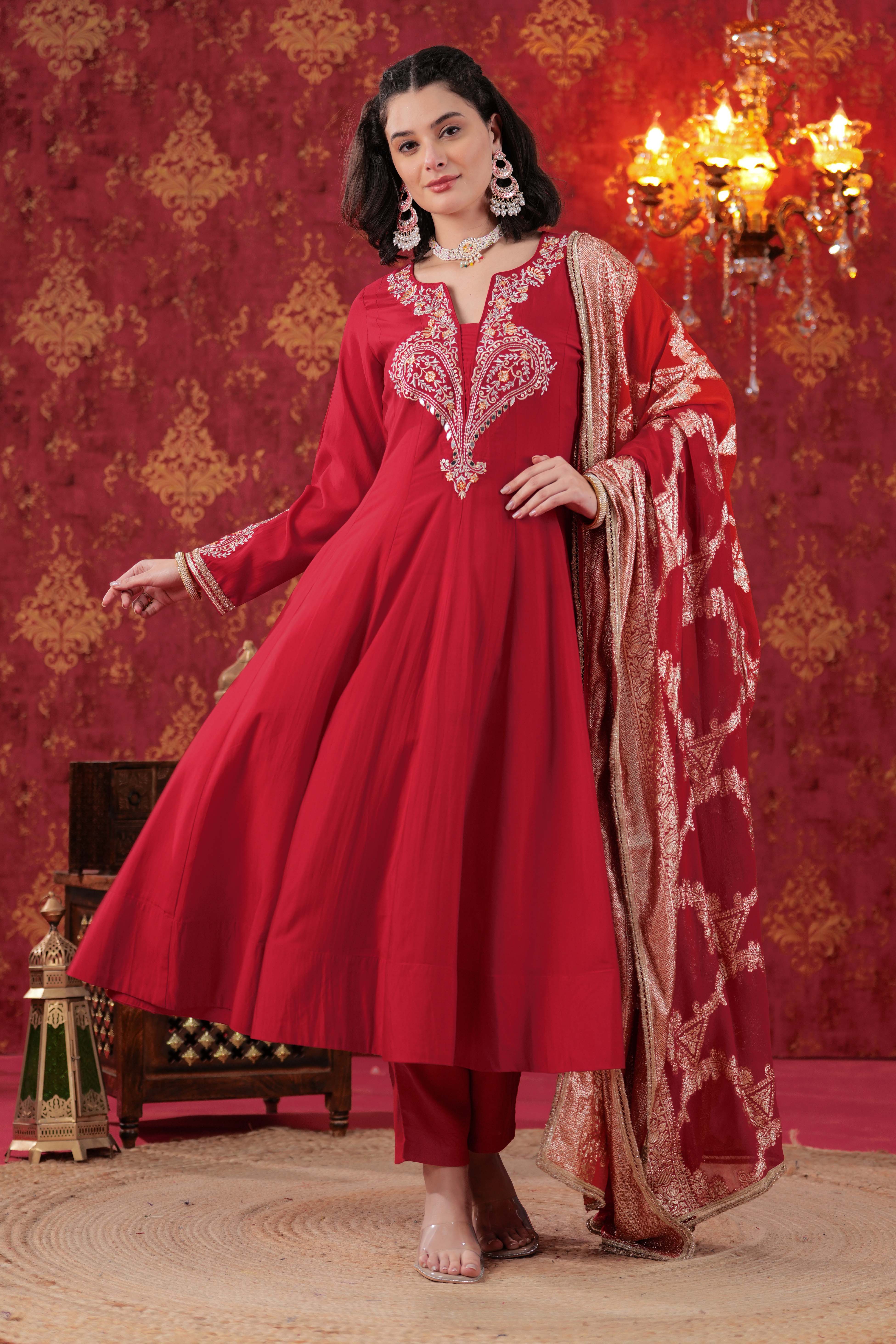 Red Indira Anarkali Set with Ombre Dupatta