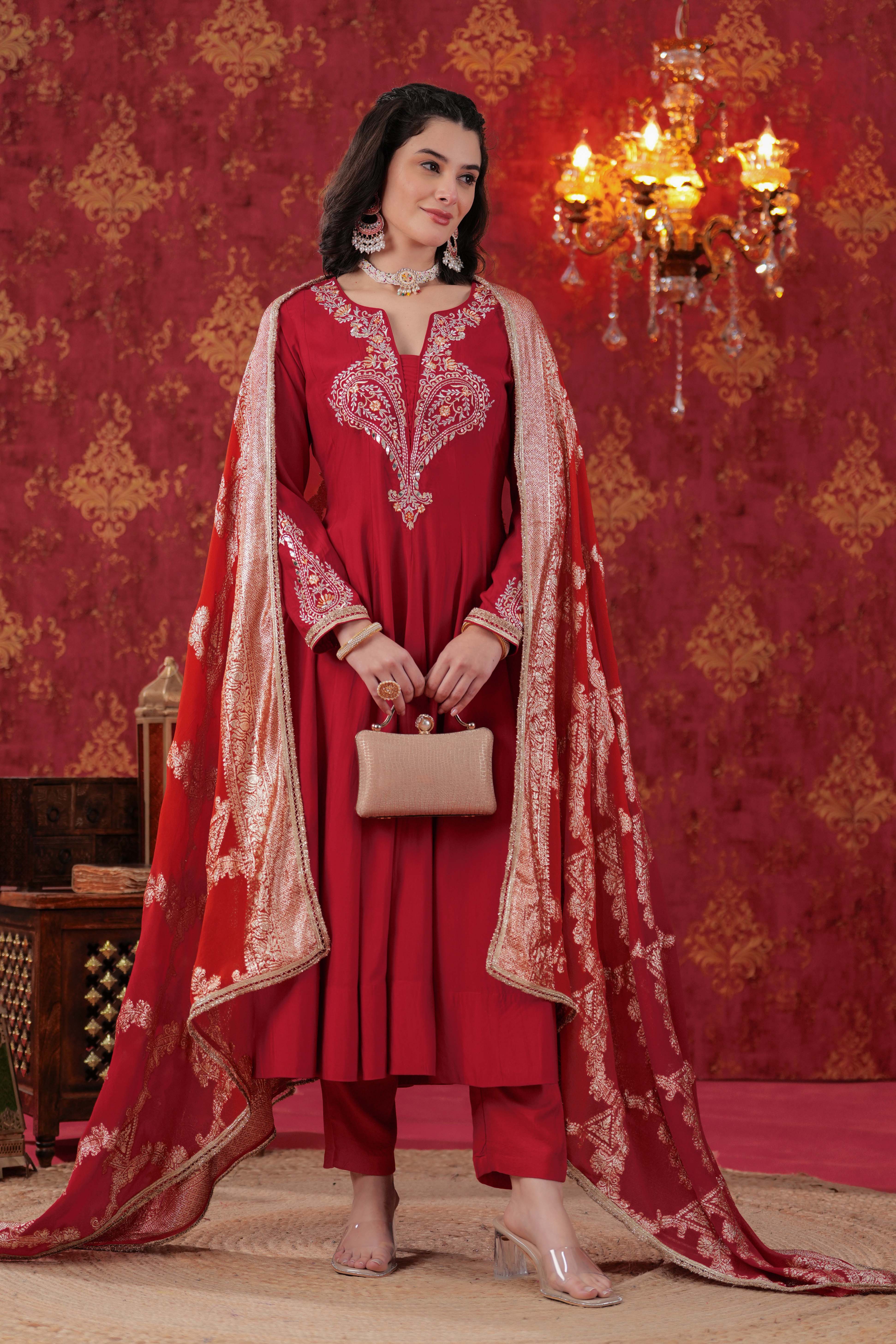 Red Indira Anarkali Set with Ombre Dupatta