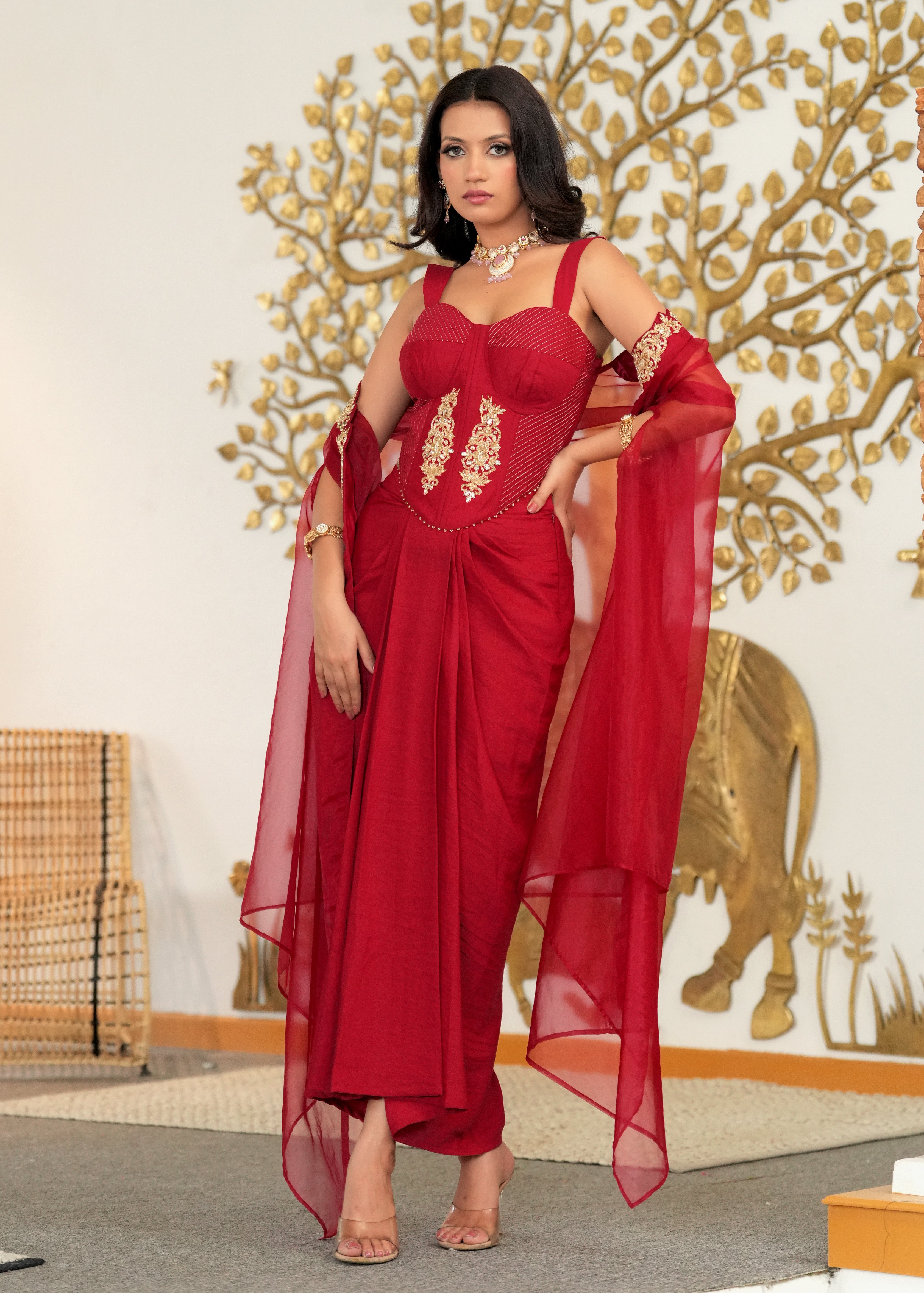 Red Hand Embroidered Corset Cape & Draped Fusion Set