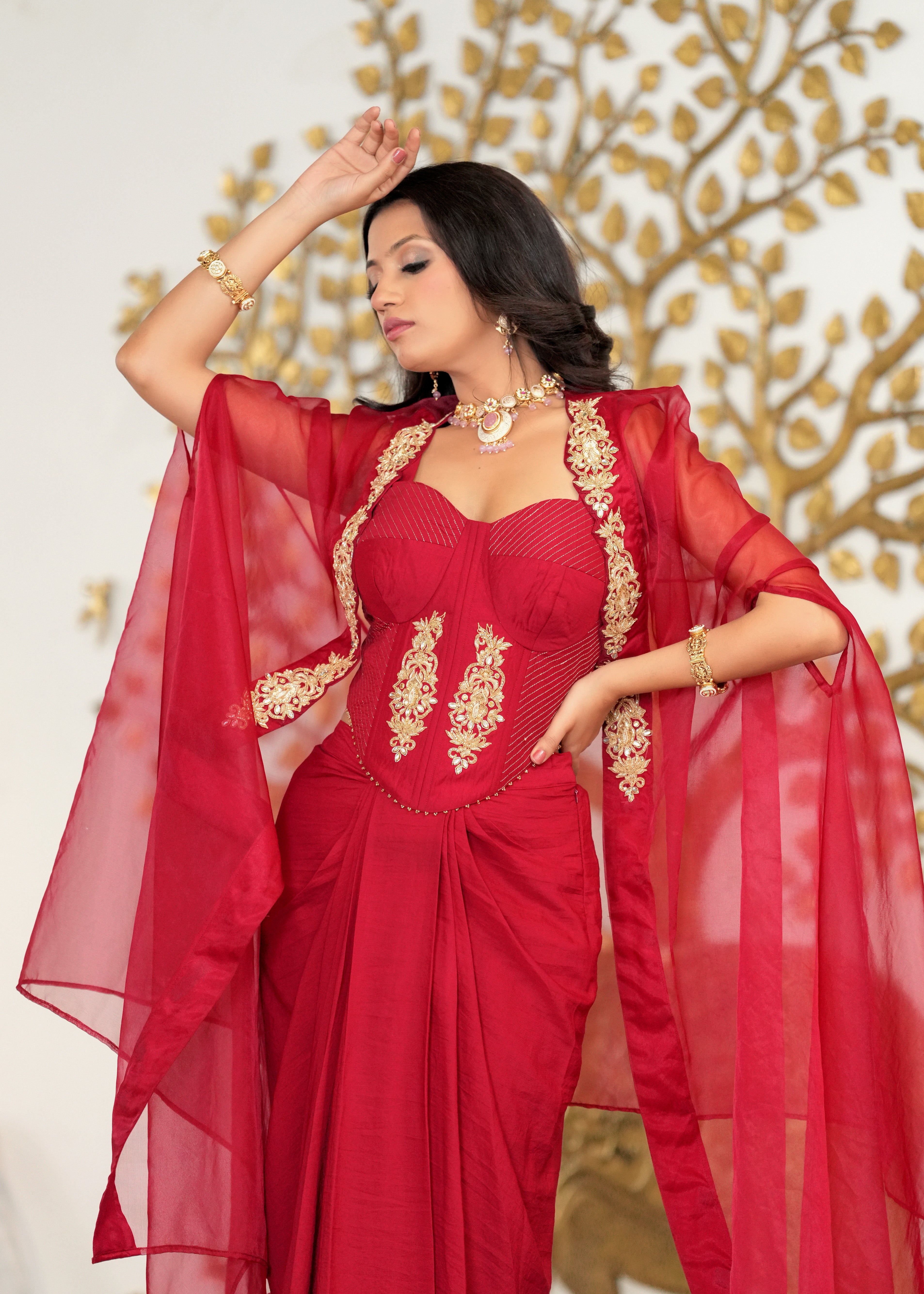 Red Hand Embroidered Corset Cape & Draped Fusion Set