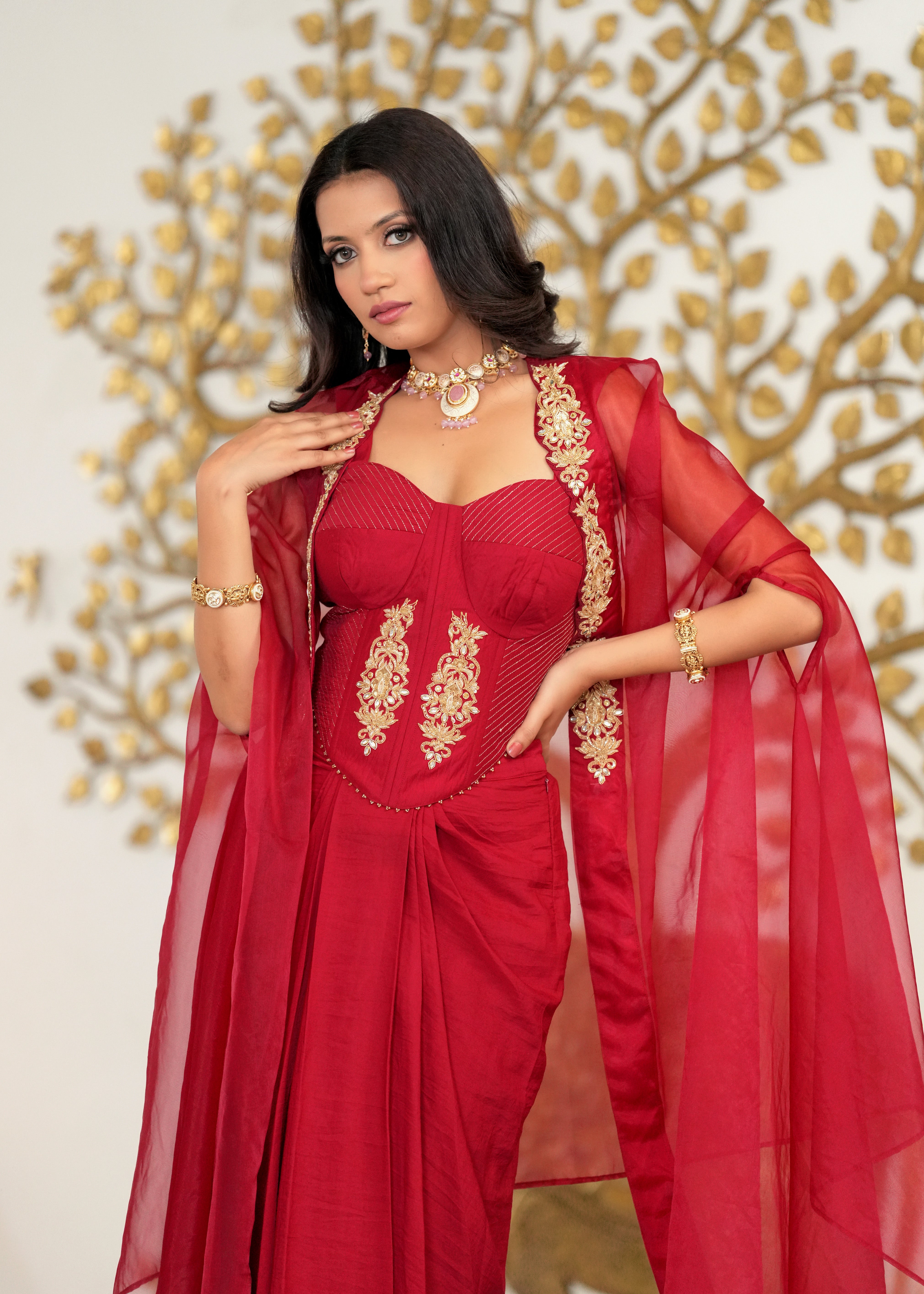 Red Hand Embroidered Corset Cape & Draped Fusion Set