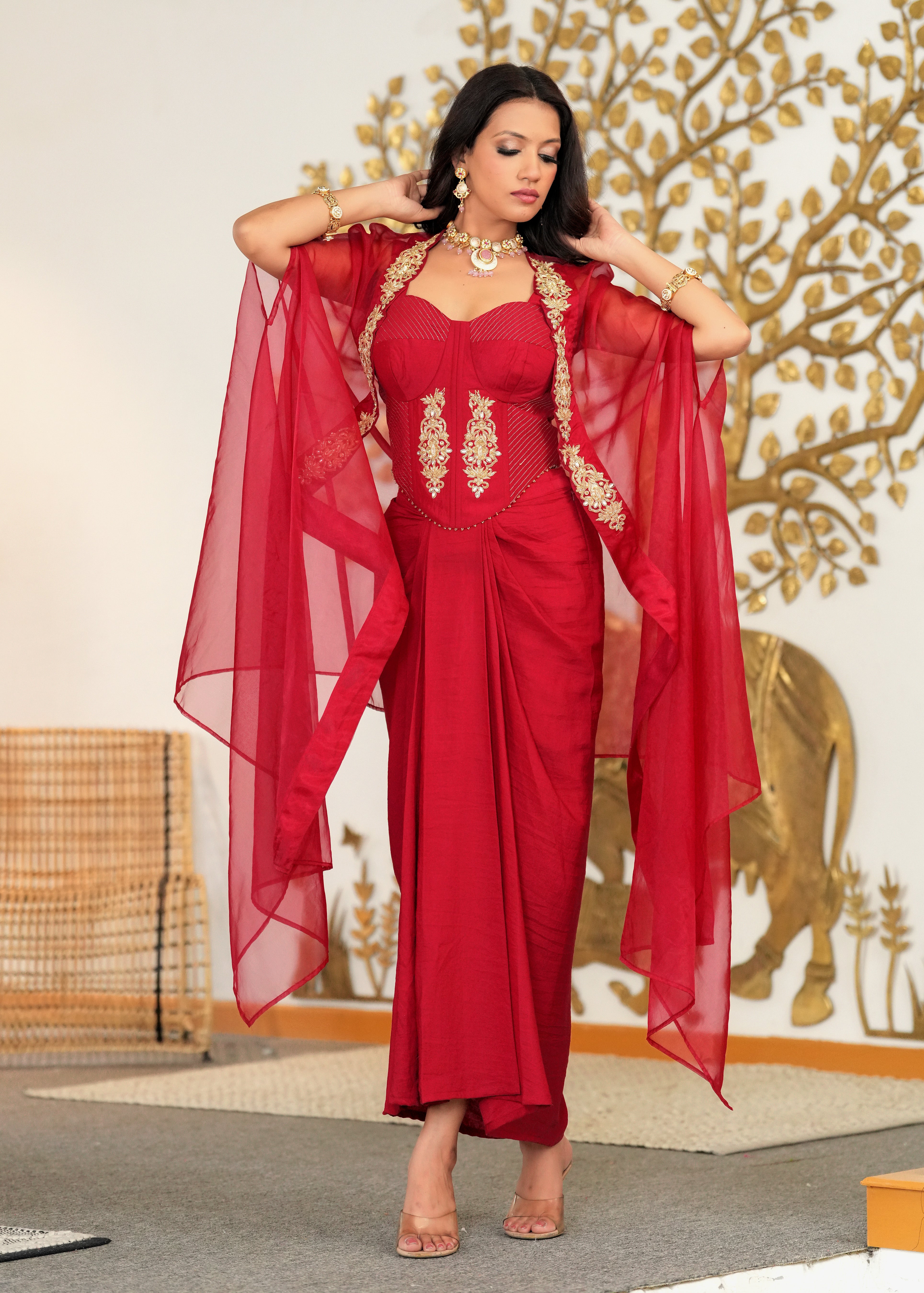 Red Hand Embroidered Corset Cape & Draped Fusion Set