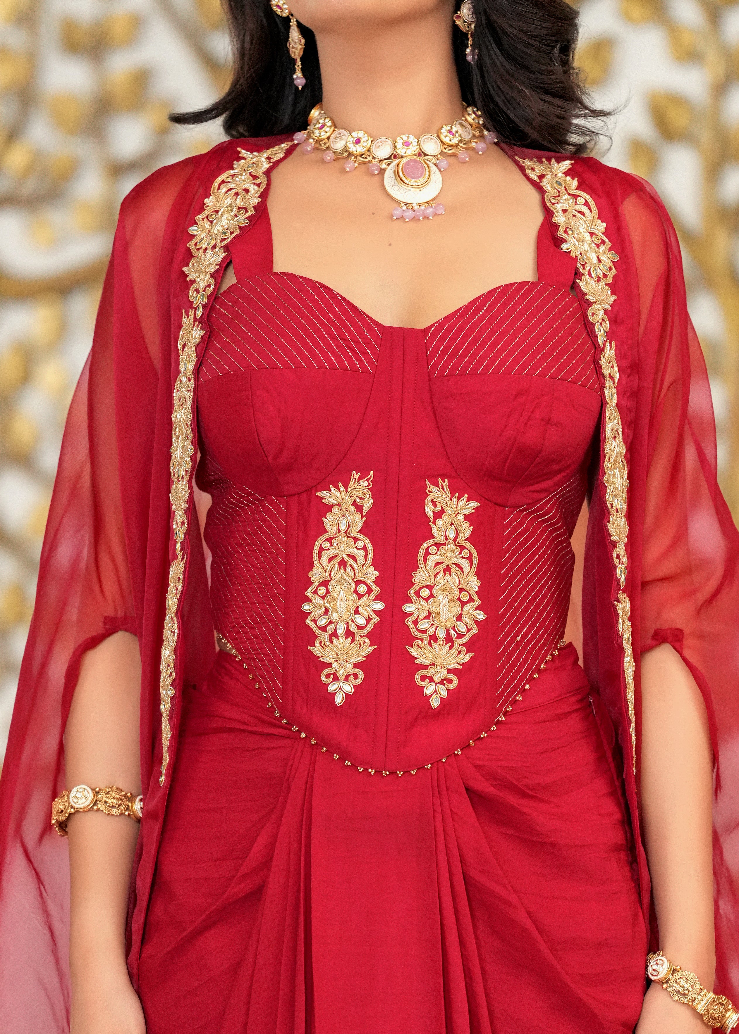 Red Hand Embroidered Corset Cape & Draped Fusion Set