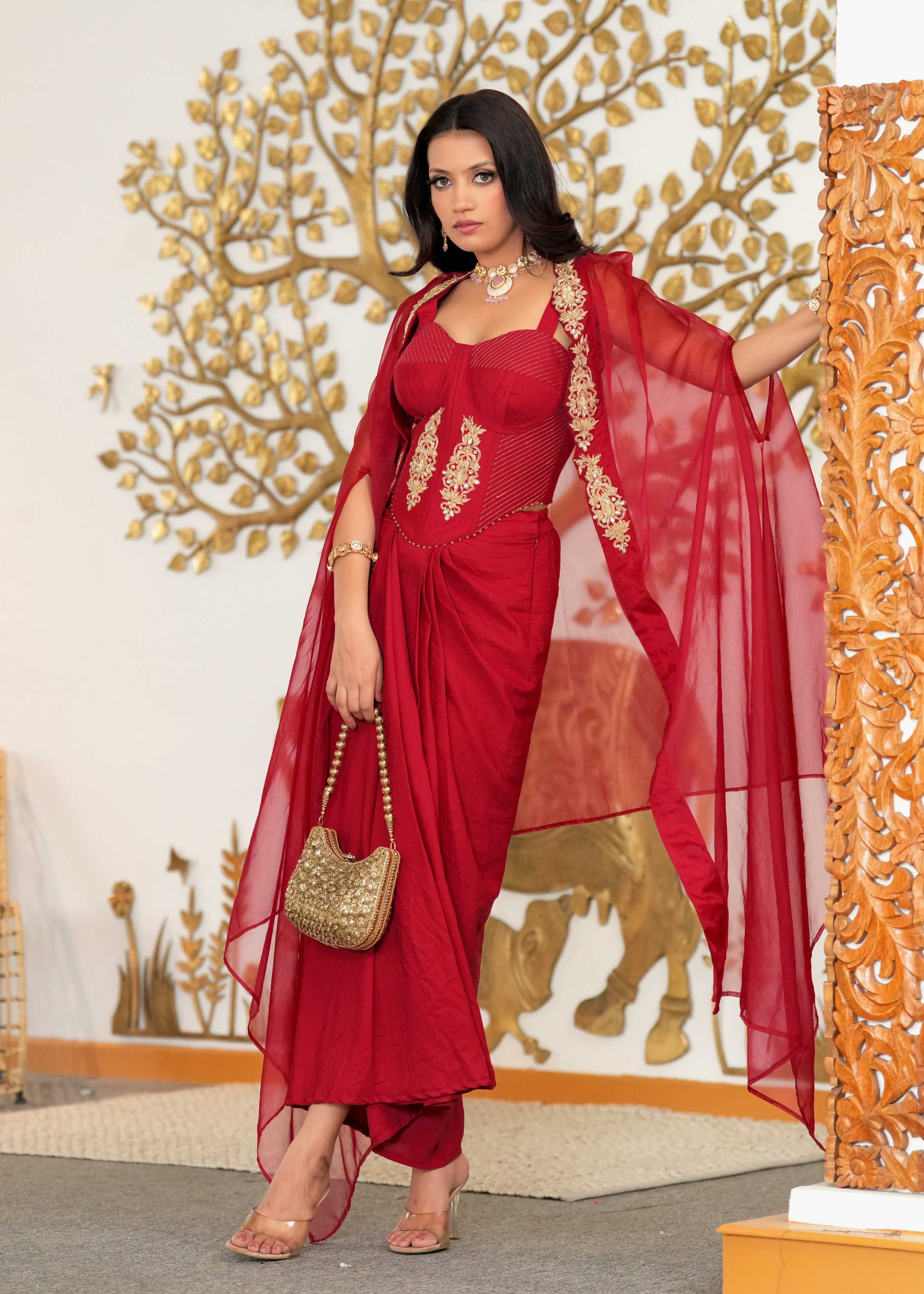 Red Hand Embroidered Corset Cape & Draped Fusion Set