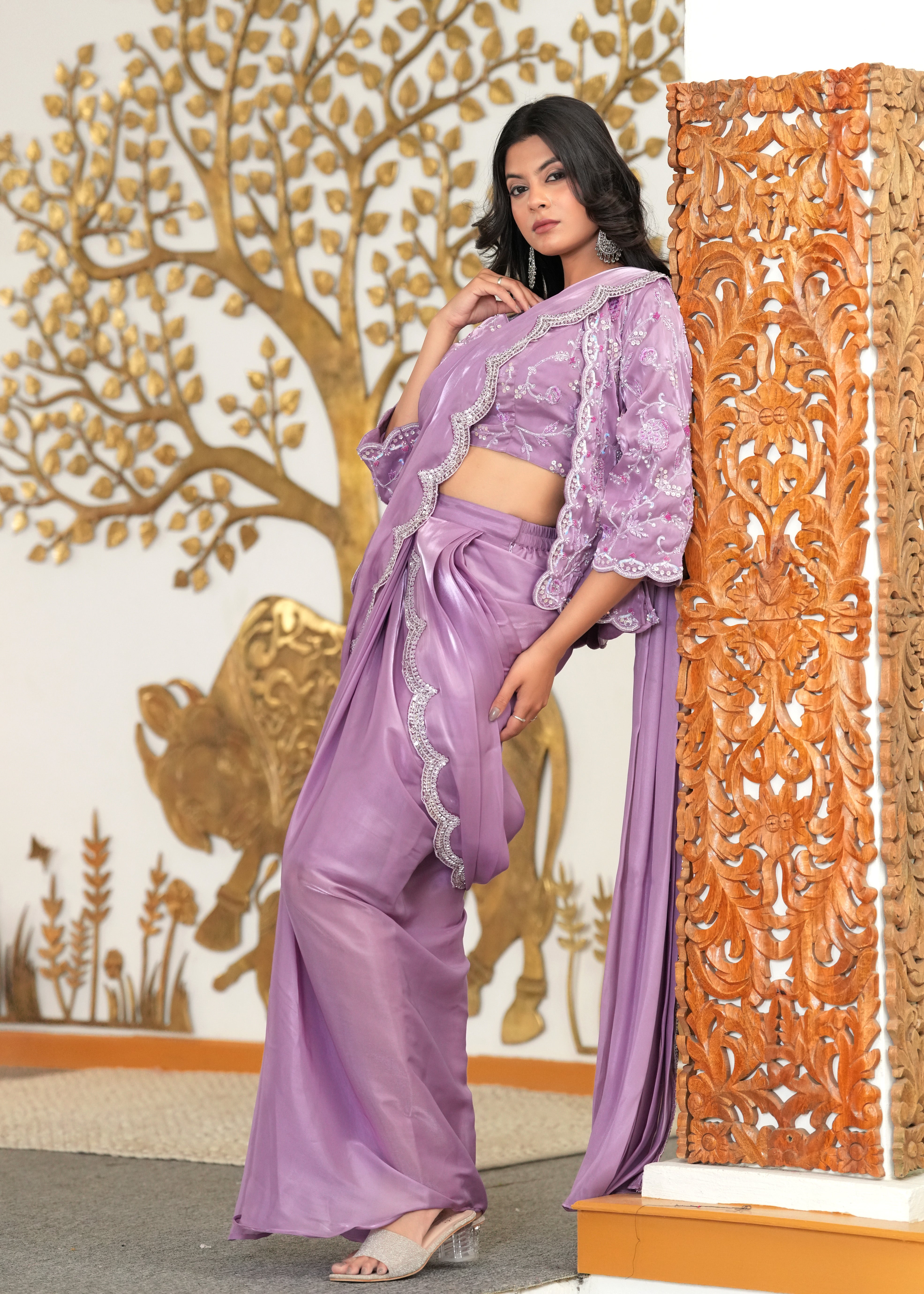 Lavender Mocktail Hand Embroidered Jacket Pre Draped Saree