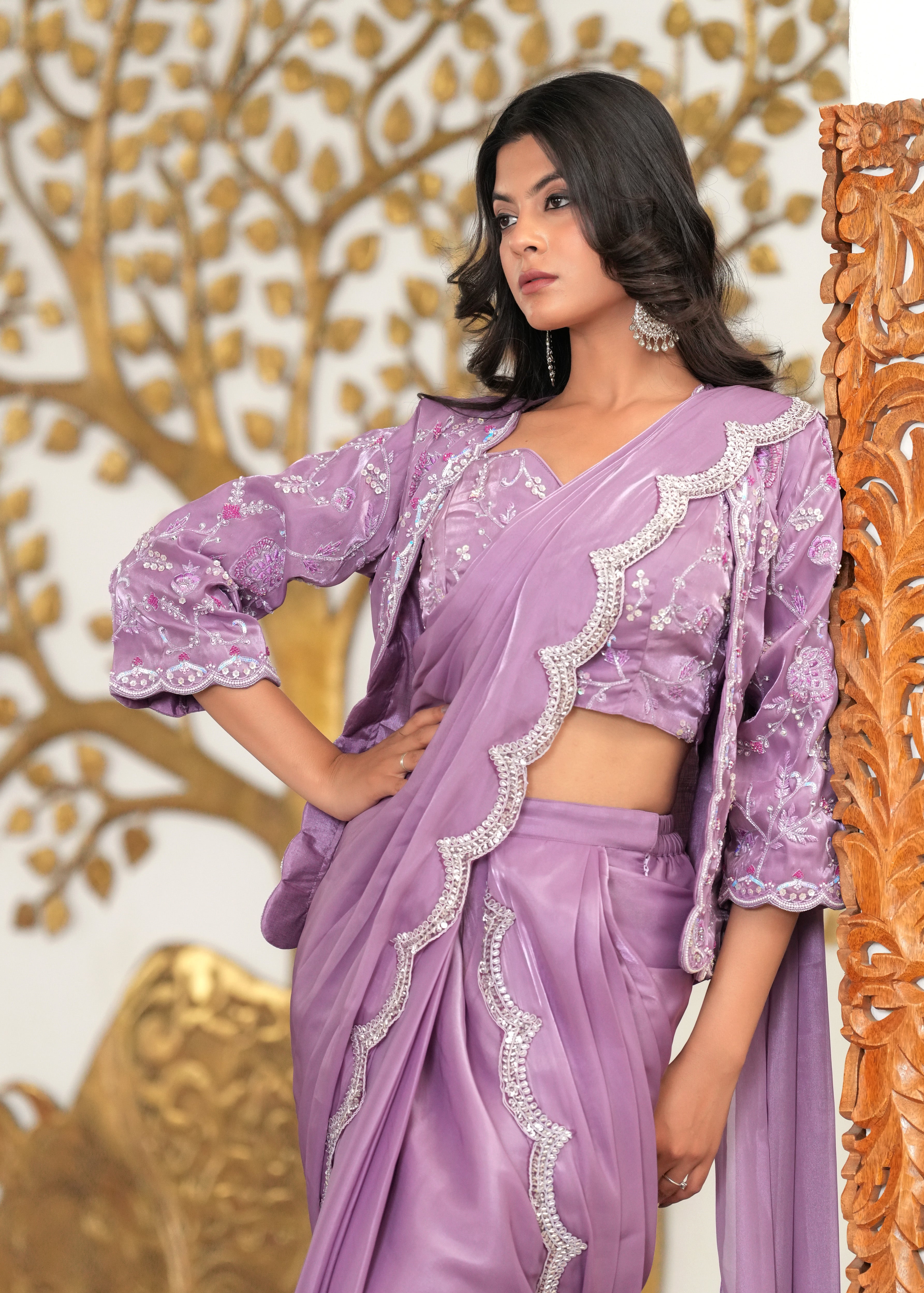 Lavender Mocktail Hand Embroidered Jacket Pre Draped Saree