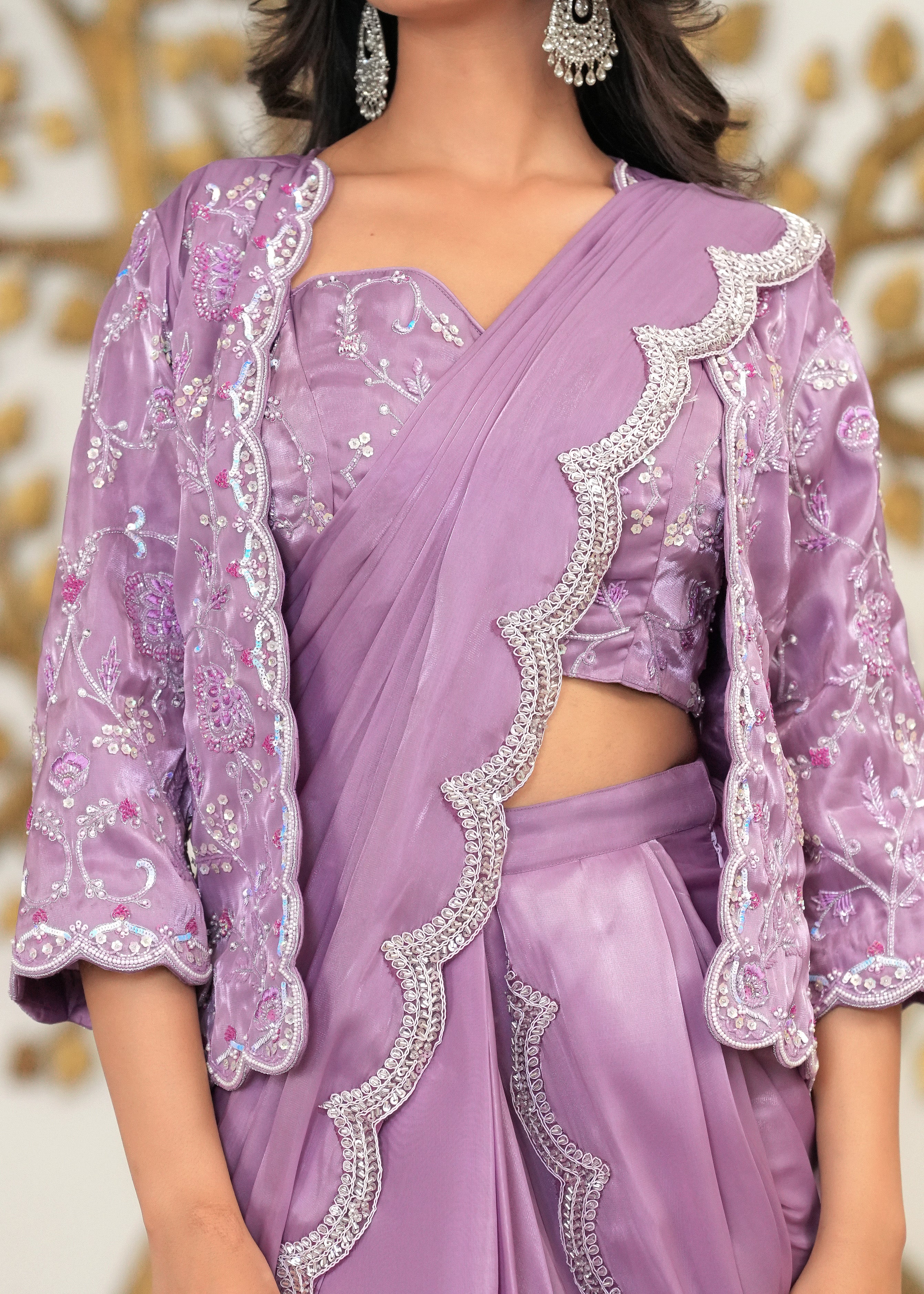 Lavender Mocktail Hand Embroidered Jacket Pre Draped Saree