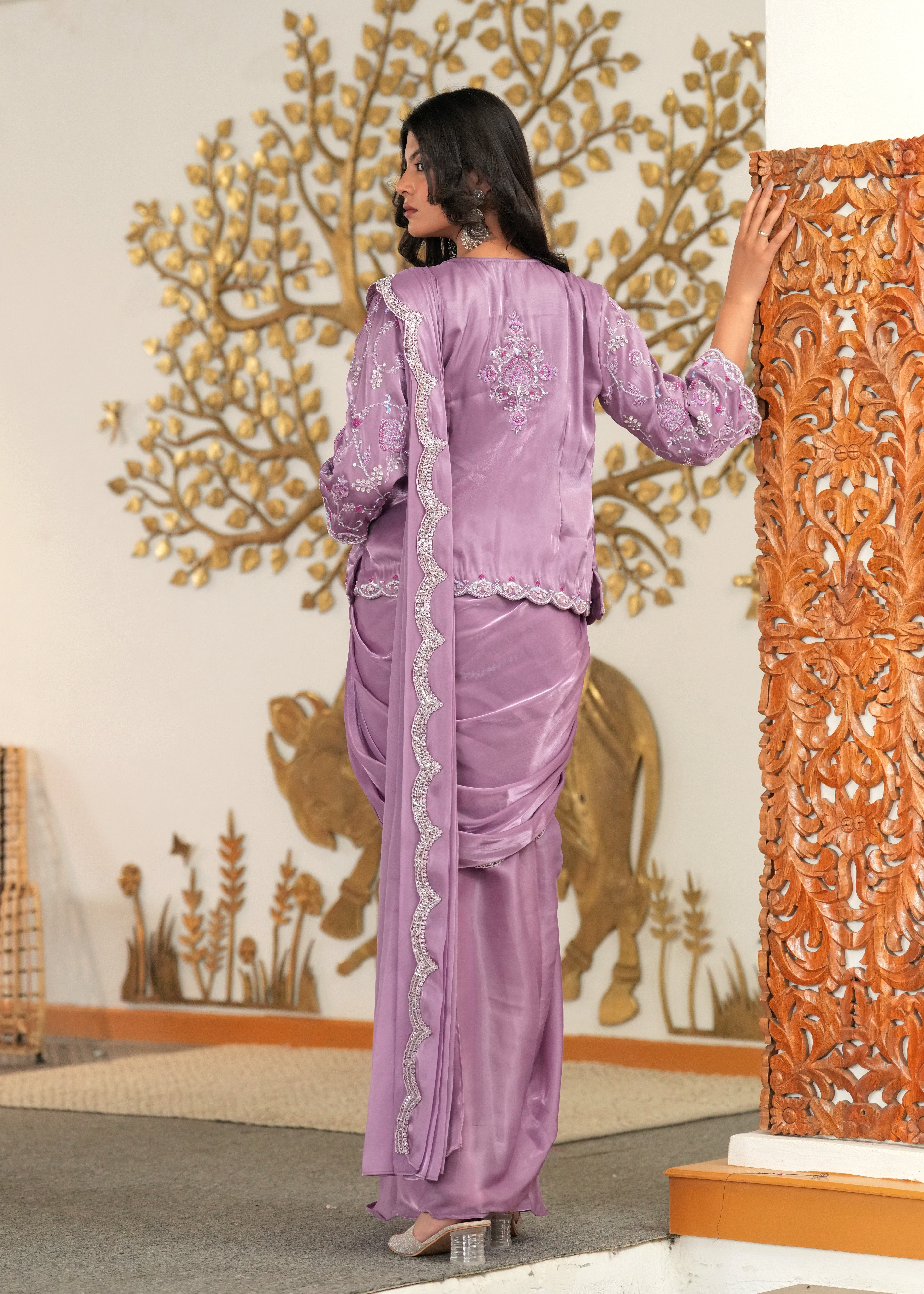 Lavender Mocktail Hand Embroidered Jacket Pre Draped Saree