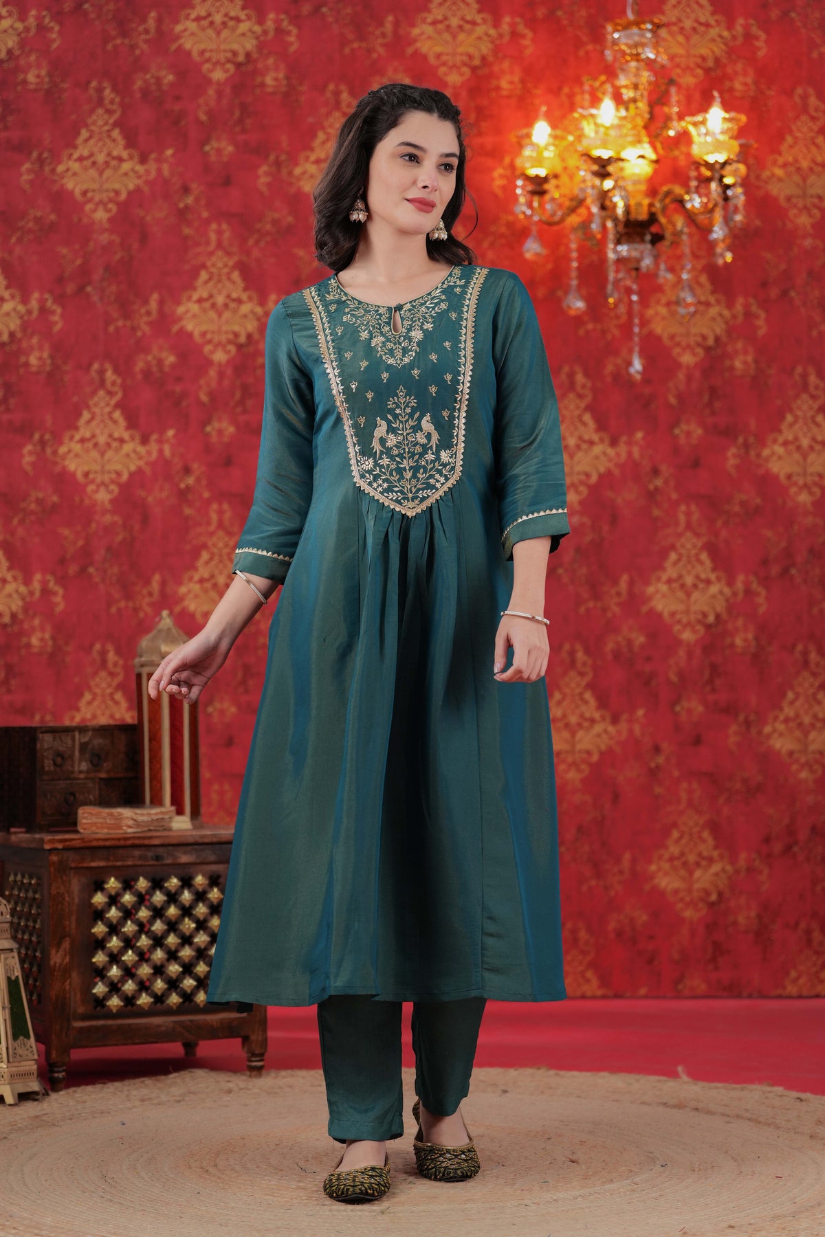 Teal Floral Zari Embroidered Kurta Set