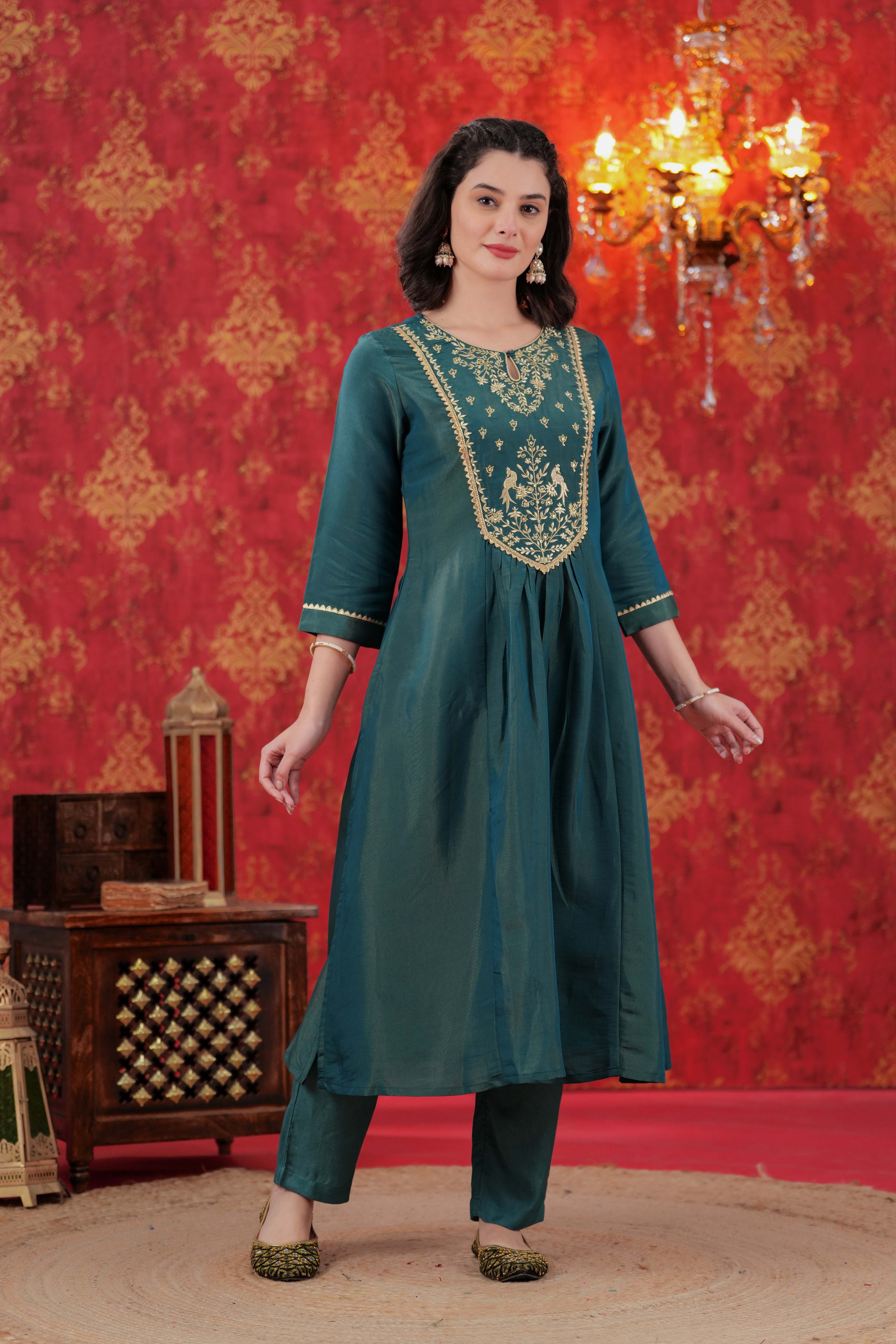 Teal Floral Zari Embroidered Kurta Set