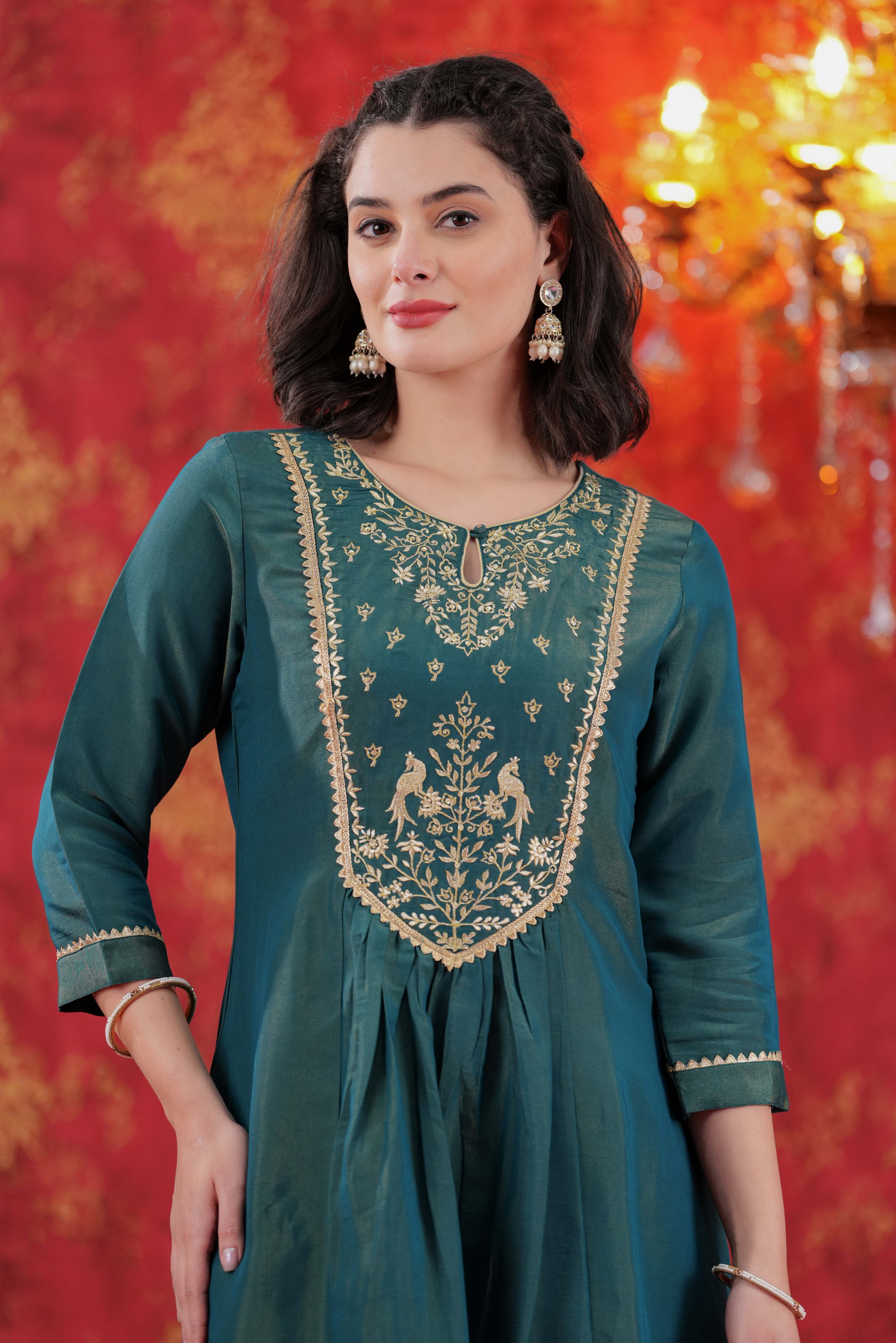 Teal Floral Zari Embroidered Kurta Set