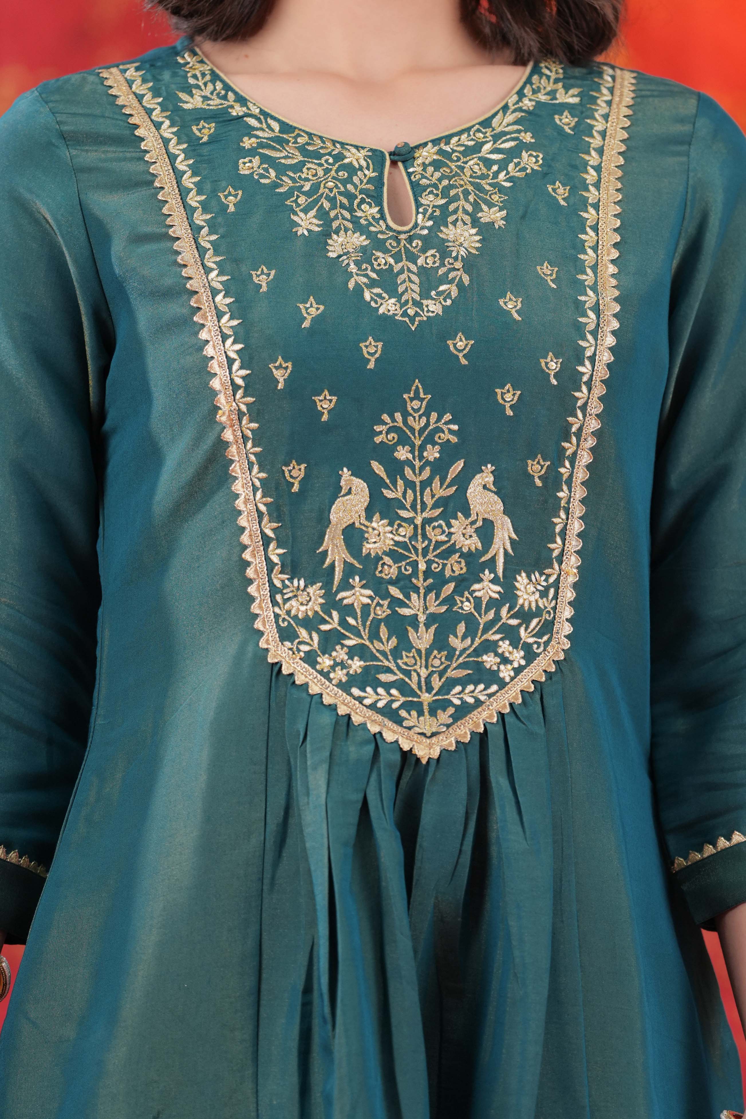 Teal Floral Zari Embroidered Kurta Set