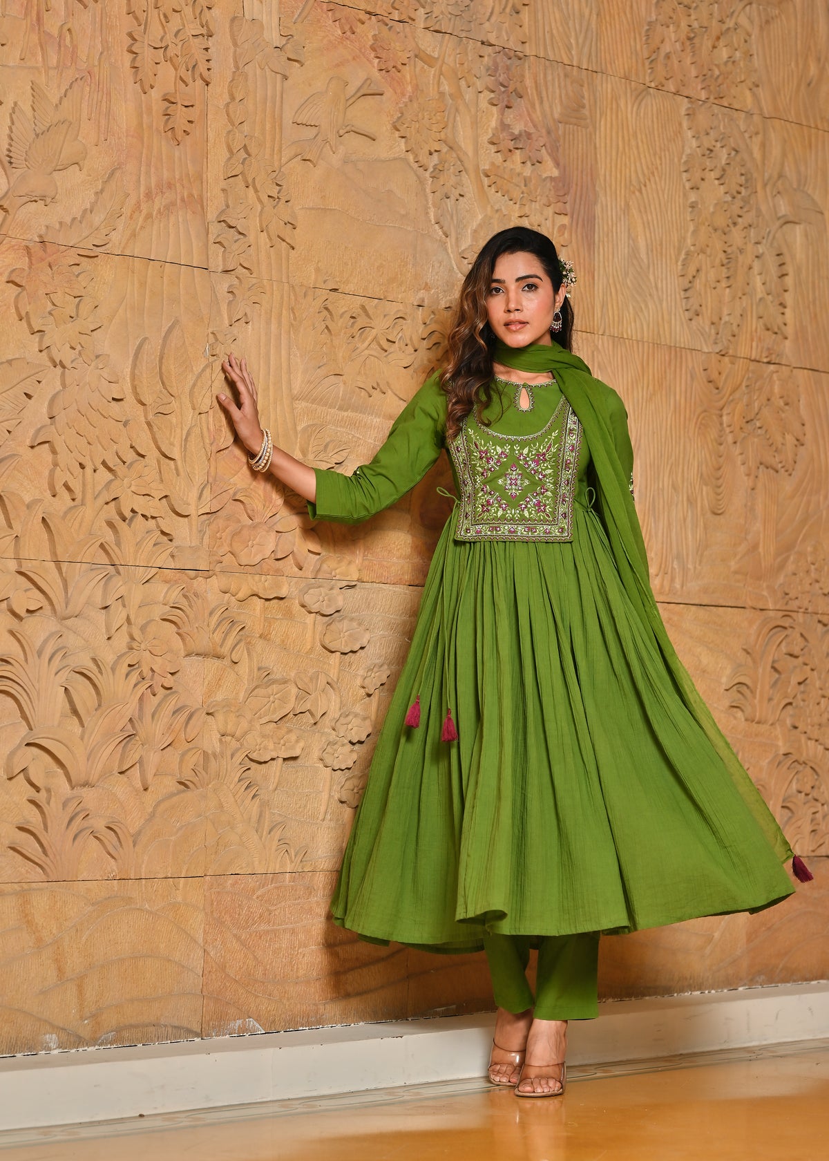 Hari Leher Wrinkled Zari Work Anarkali Kurta Dupatta Set