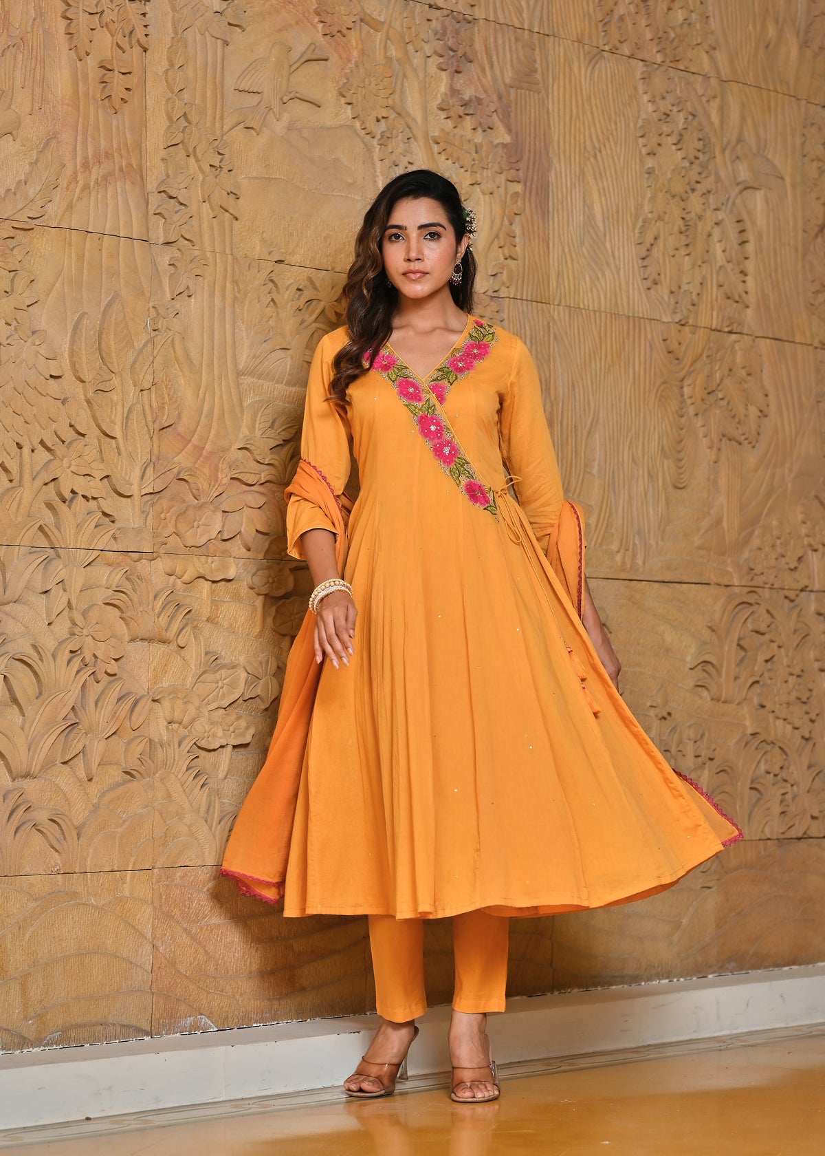 Peetambari Mulmul Angrakha Anarkali Kurta Dupatta Set