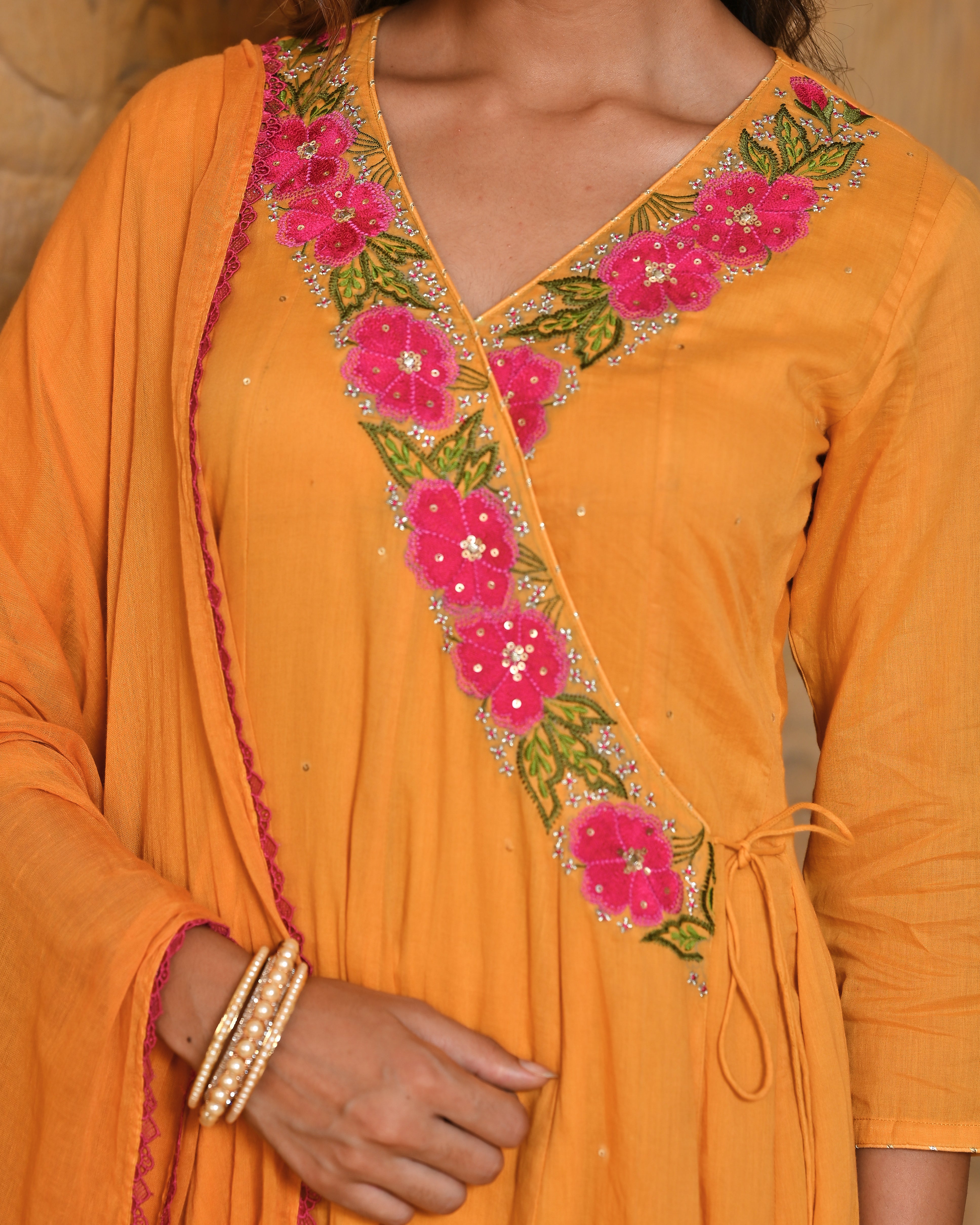 Peetambari Mulmul Angrakha Anarkali Kurta Dupatta Set