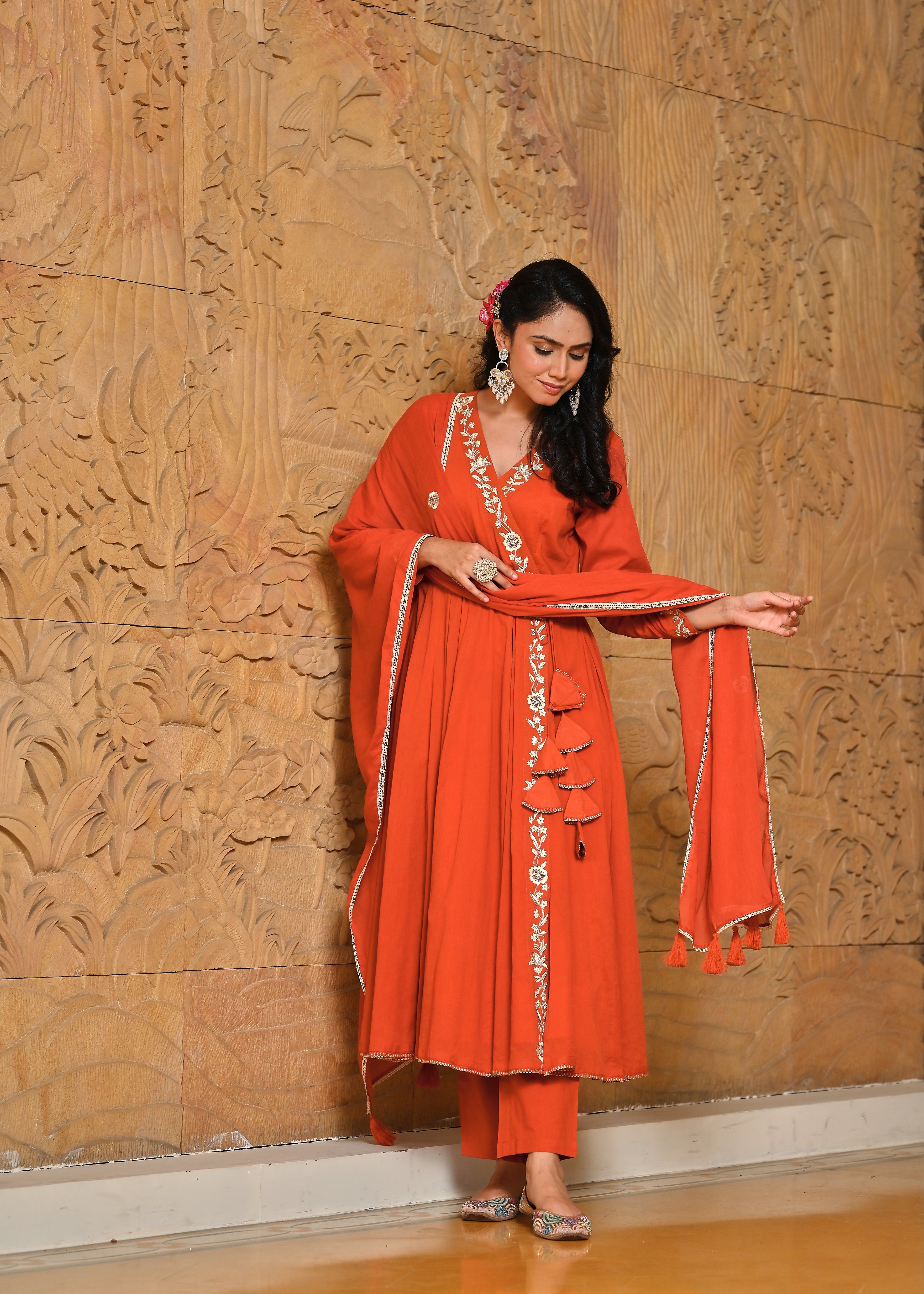 Kesari Mulmul Angrakha Kurta Dupatta Set