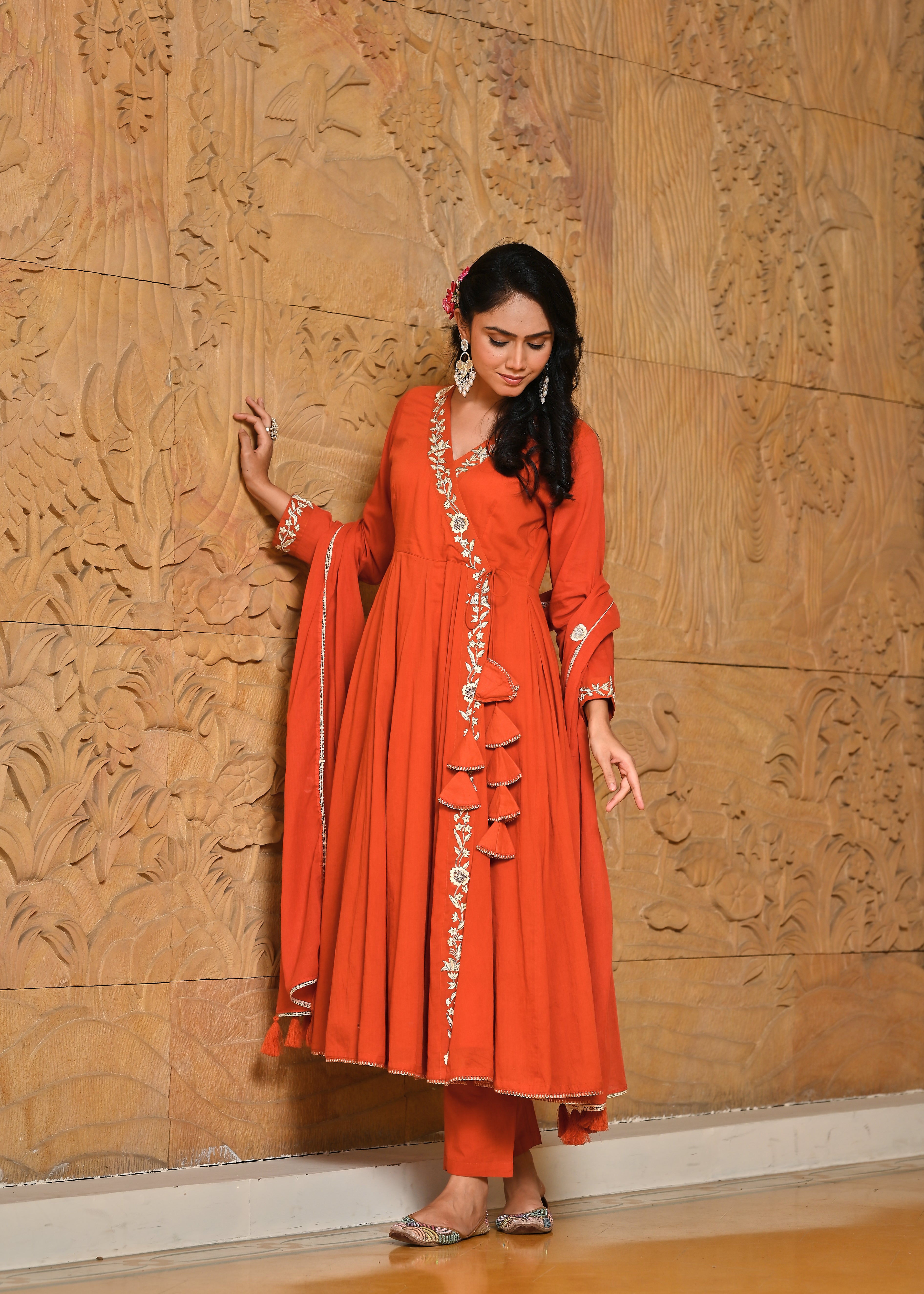Kesari Mulmul Angrakha Kurta Dupatta Set