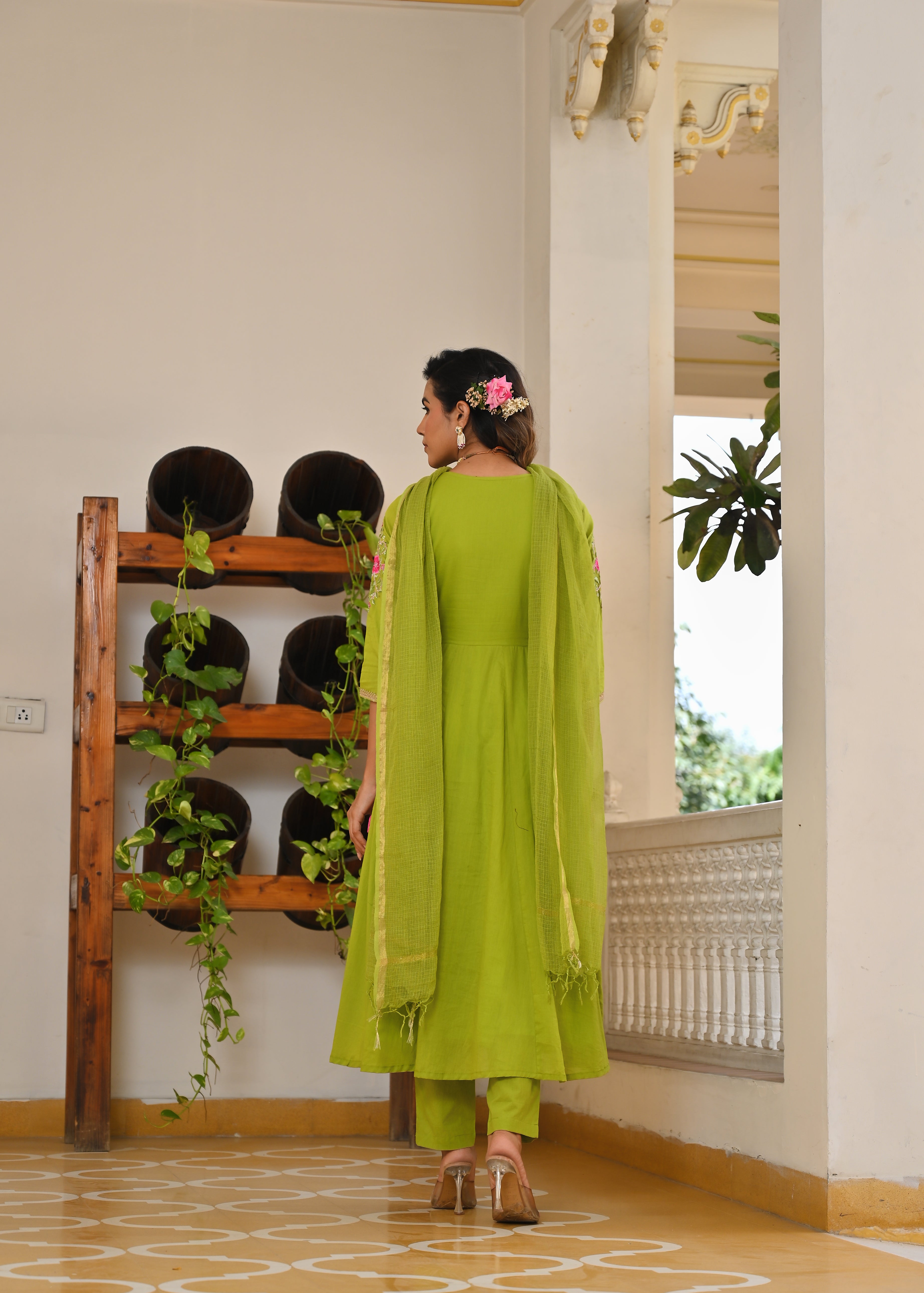 Tota Green Mulmul Anarkali Kurta Dupatta Set