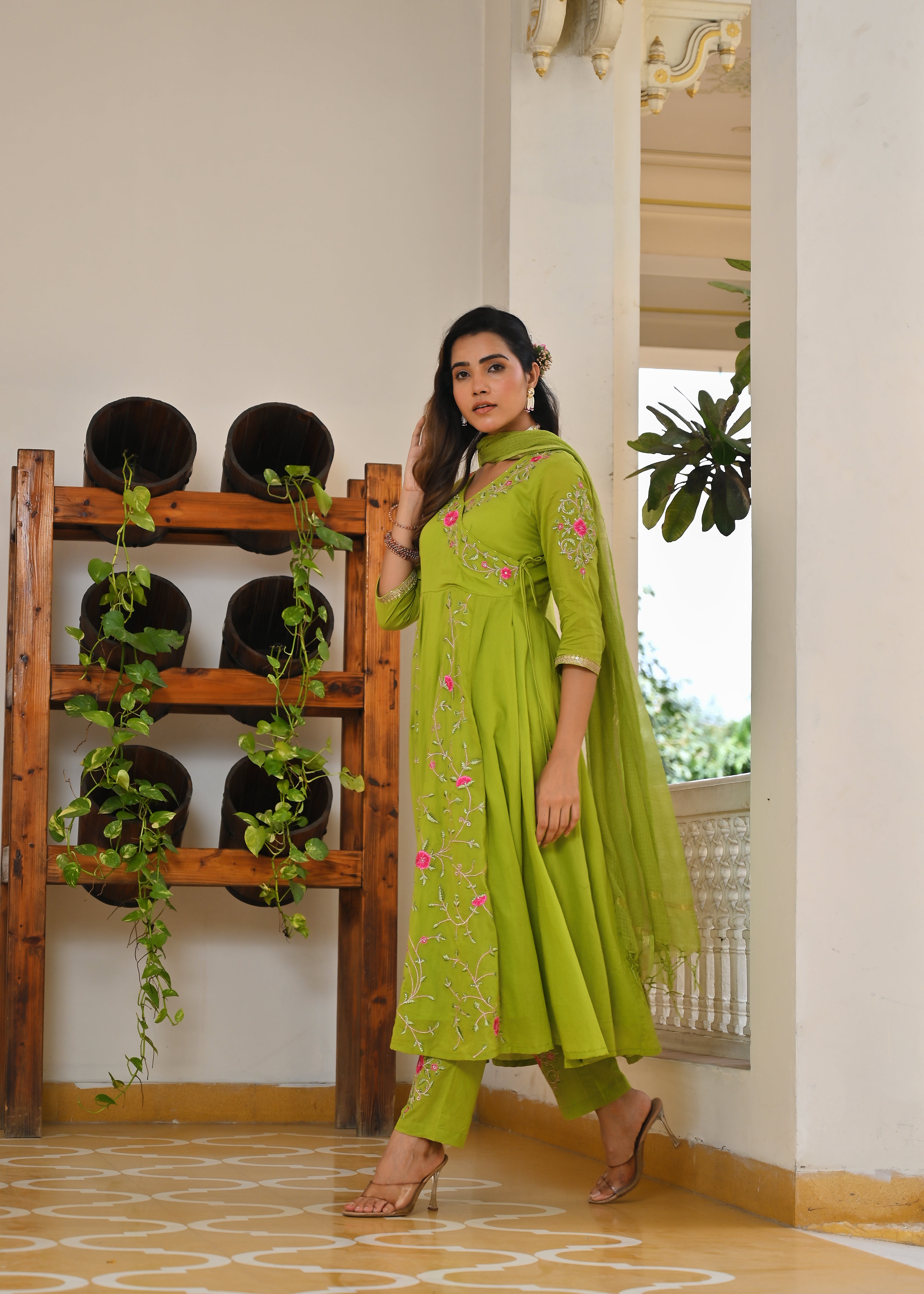 Tota Green Mulmul Anarkali Kurta Dupatta Set