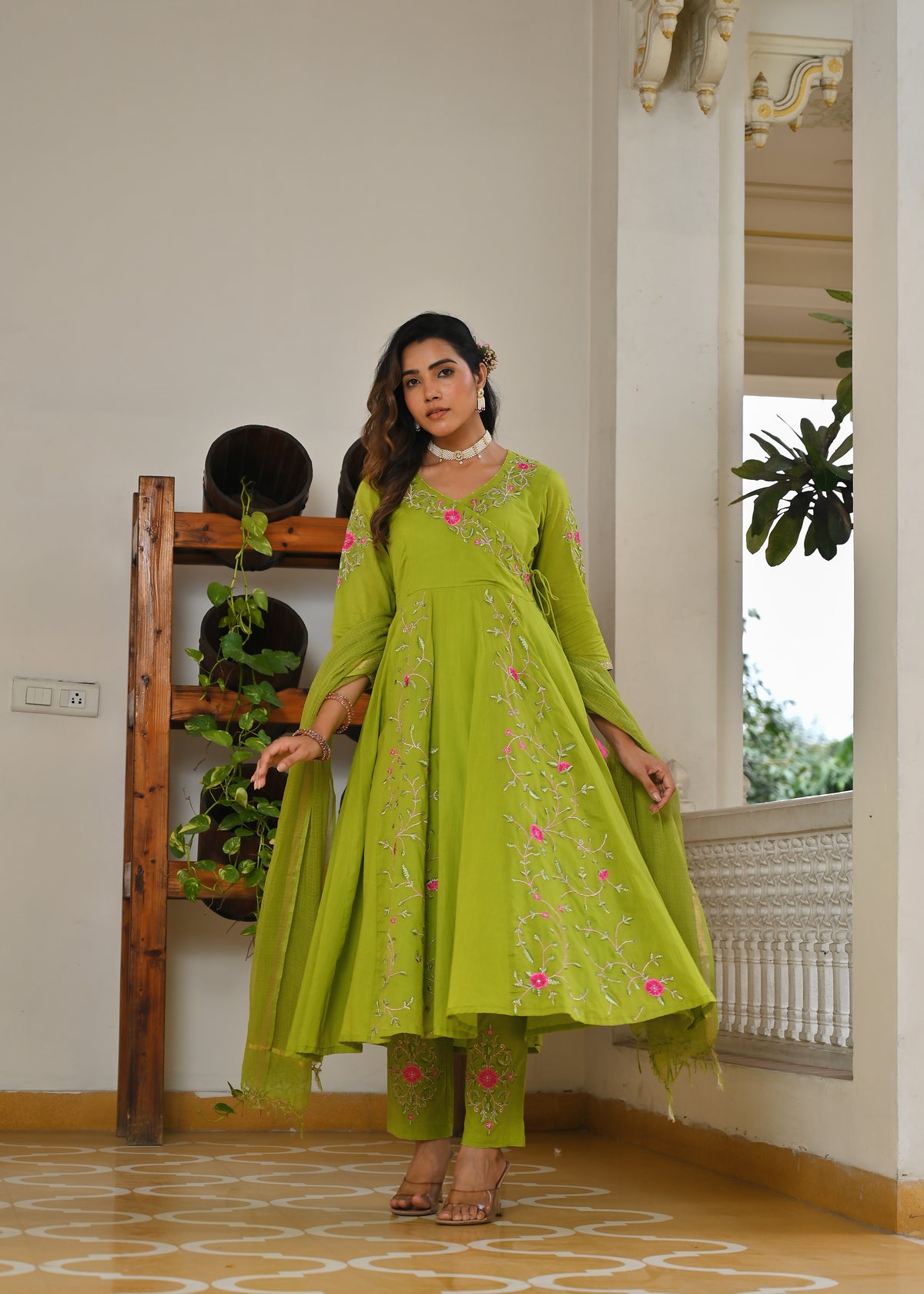 Tota Green Mulmul Anarkali Kurta Dupatta Set