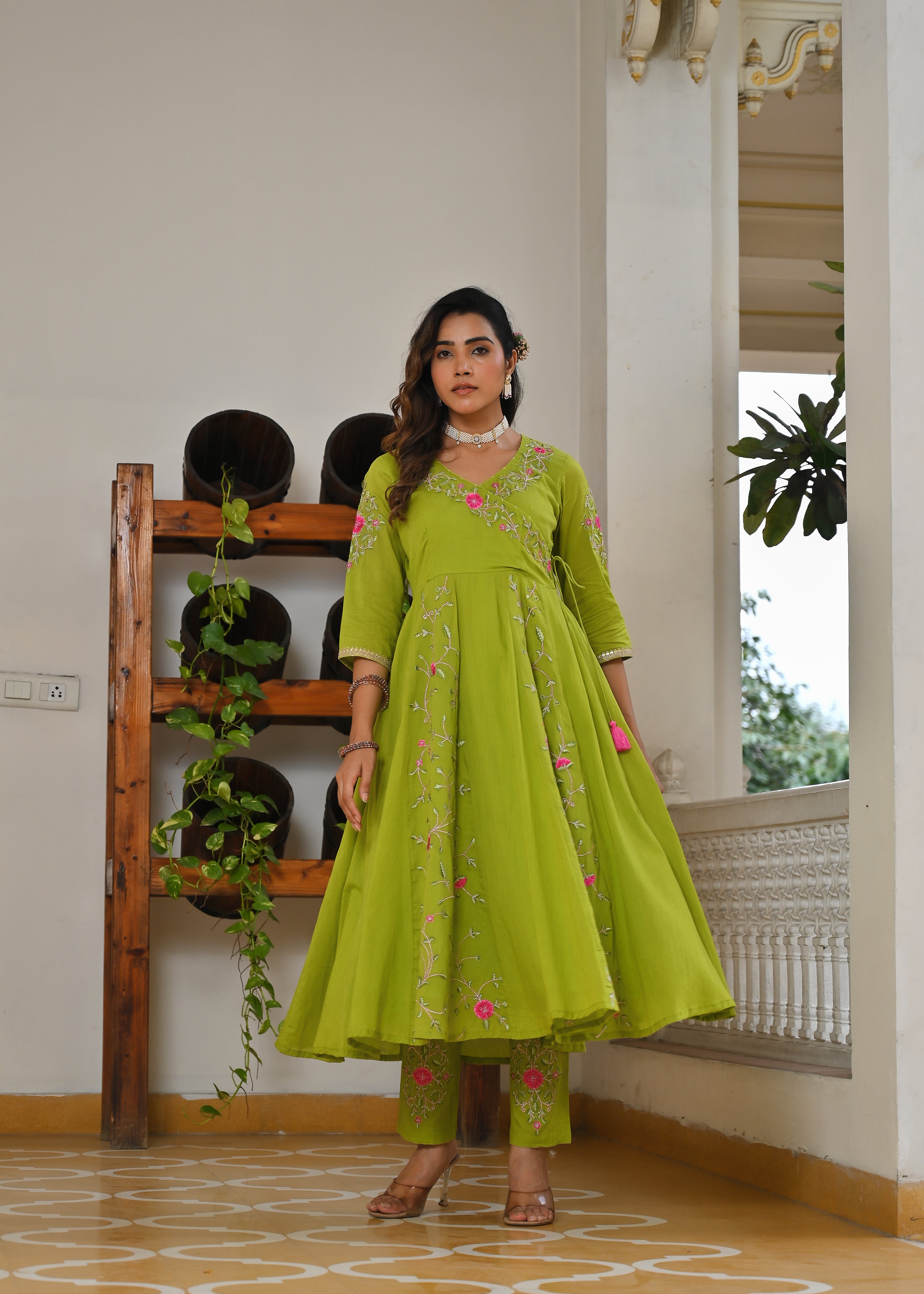 Tota Green Mulmul Anarkali Kurta Dupatta Set