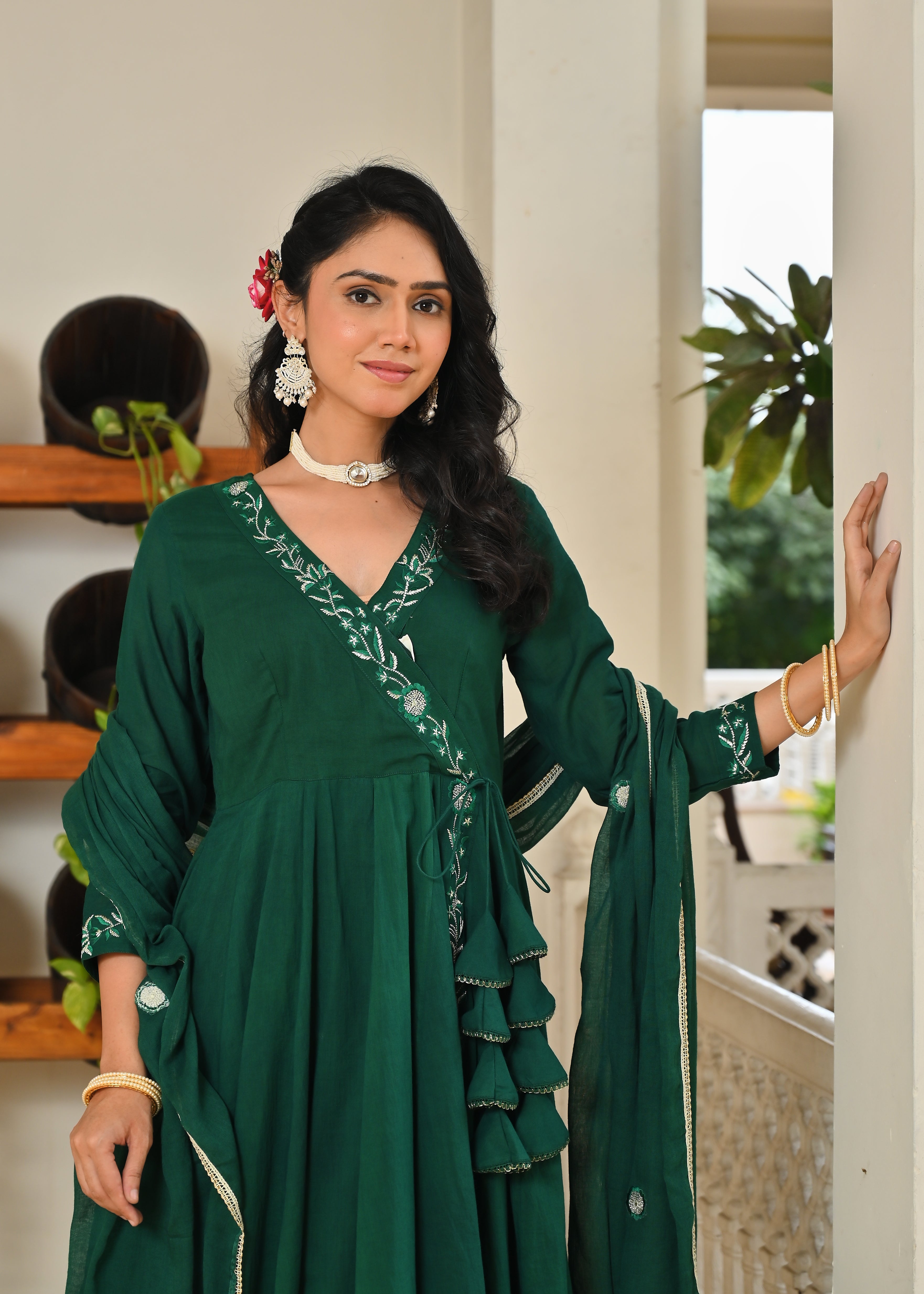 Hara Mulmul Angrakha Kurta Dupatta Set