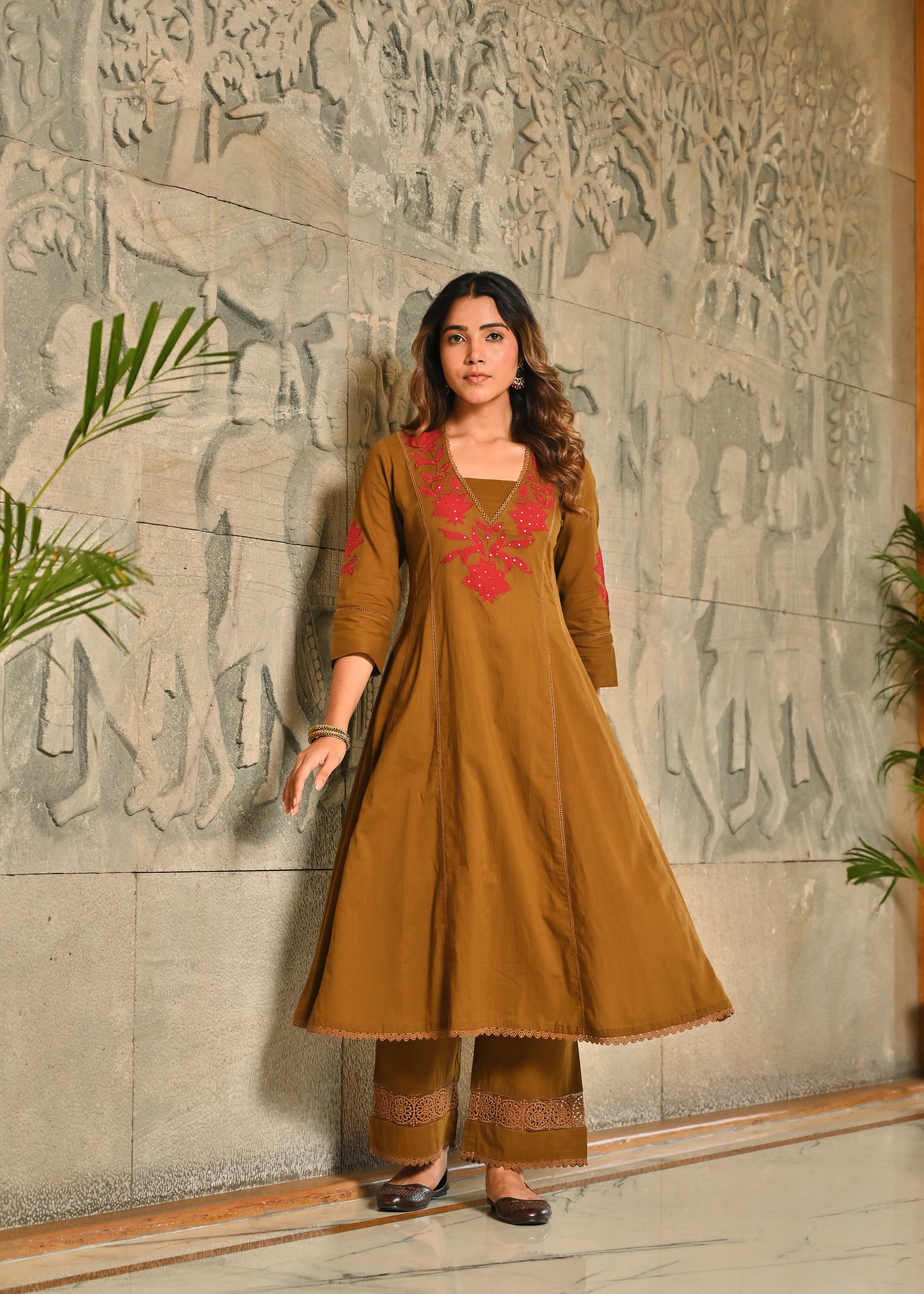 Jungli Hara Applique Work Anarkali Cotton Kurta Dupatta Set