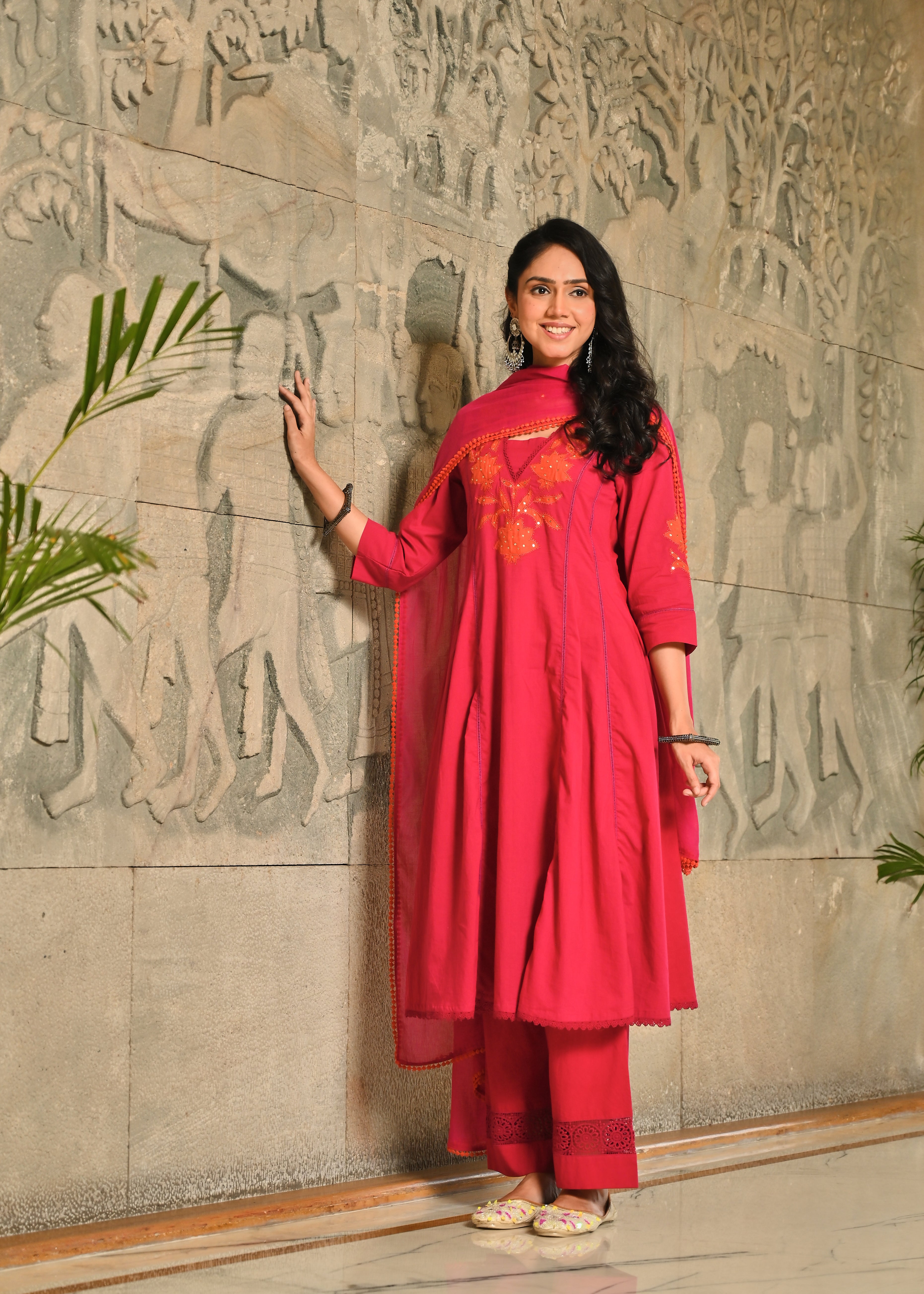 Gulabi Applique Work Anarkali Cotton Kurta Dupatta Set