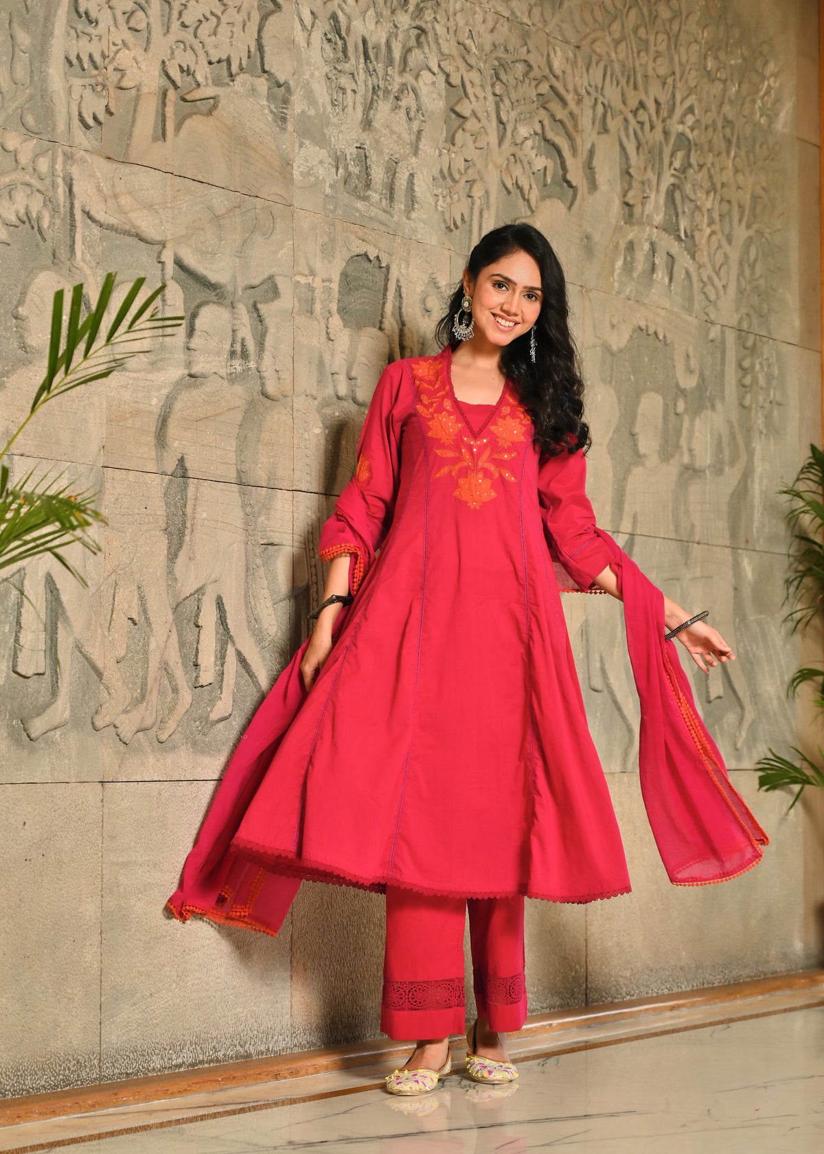 Gulabi Applique Work Anarkali Cotton Kurta Dupatta Set