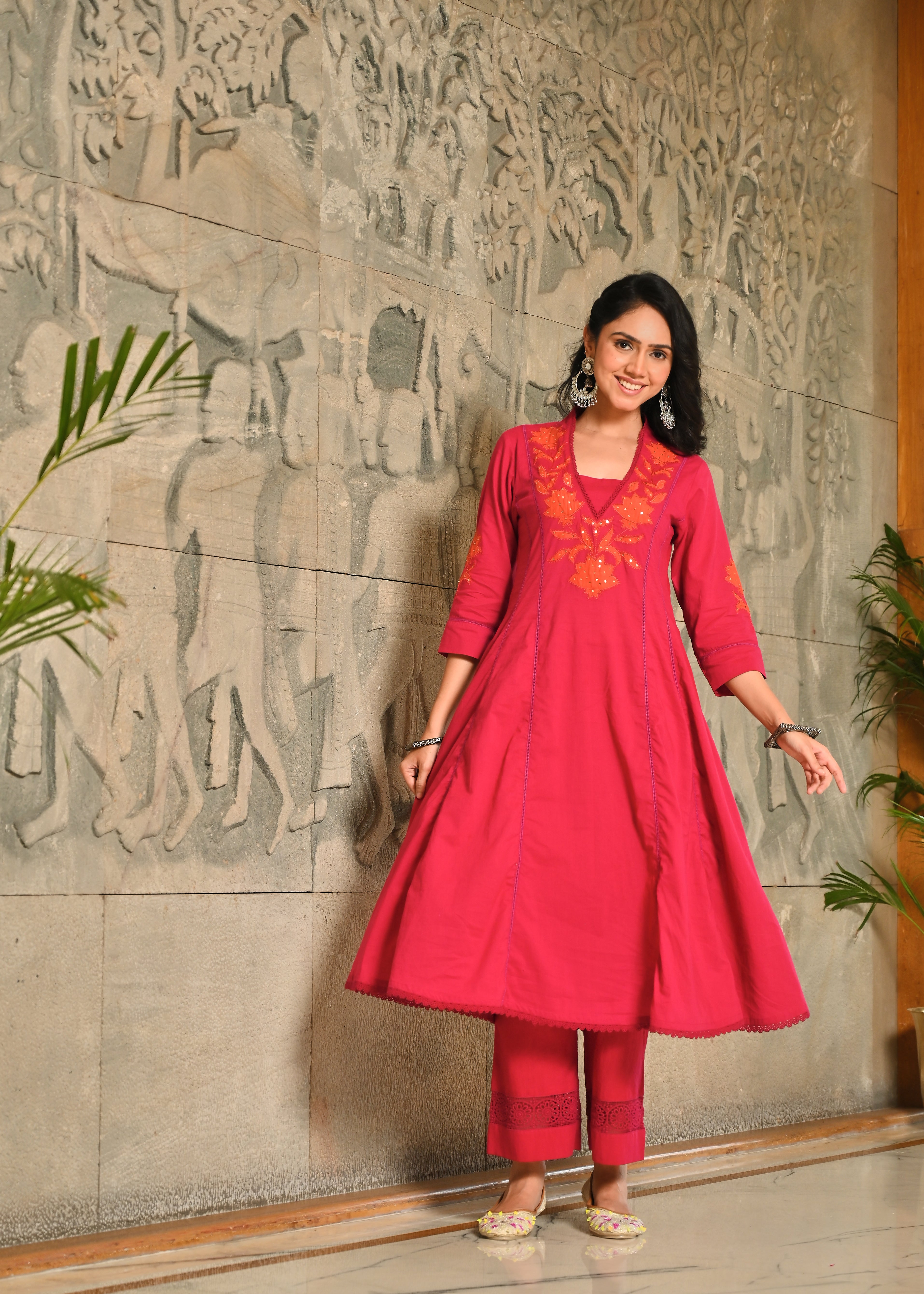 Gulabi Applique Work Anarkali Cotton Kurta Dupatta Set