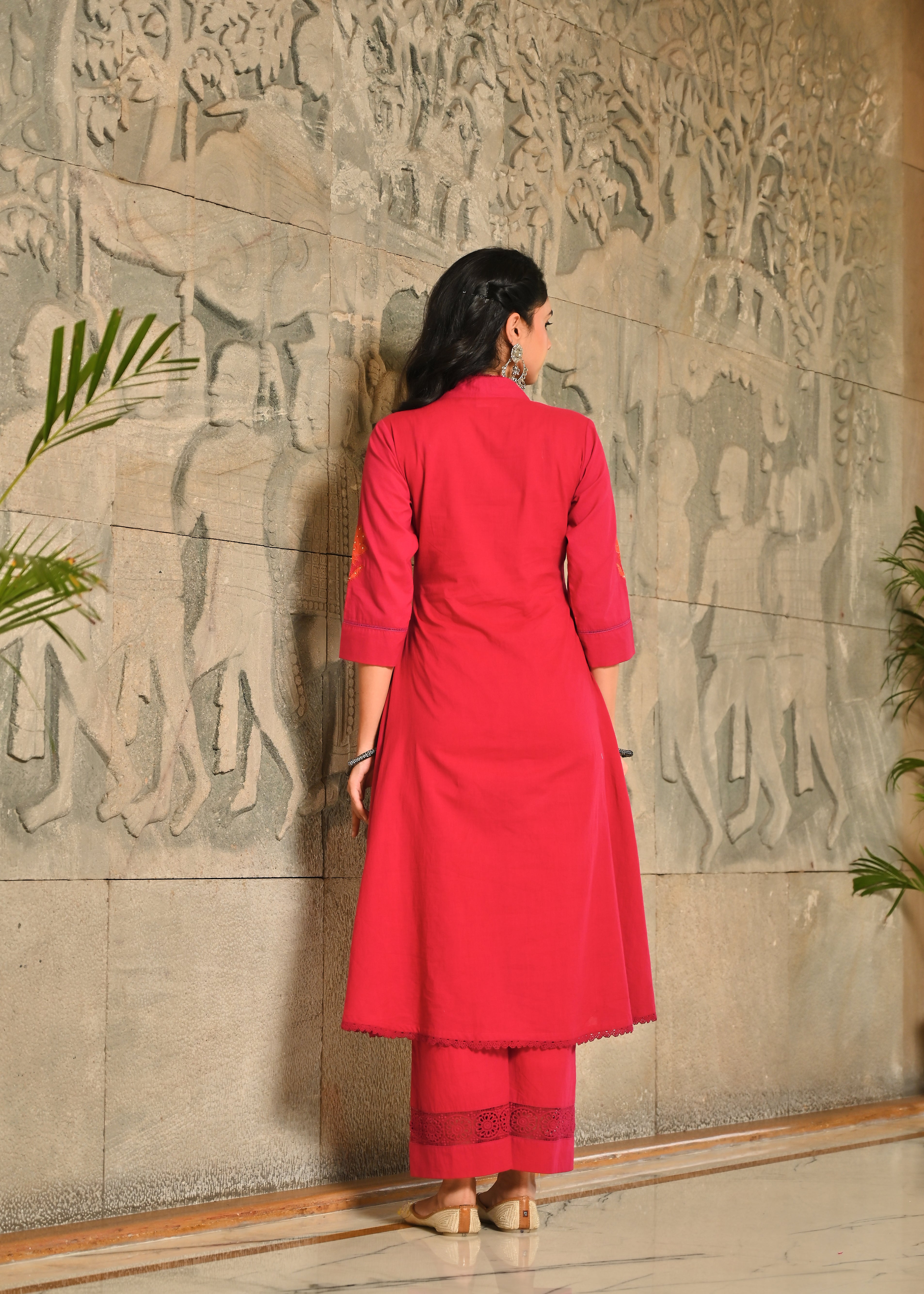 Gulabi Applique Work Anarkali Cotton Kurta Dupatta Set