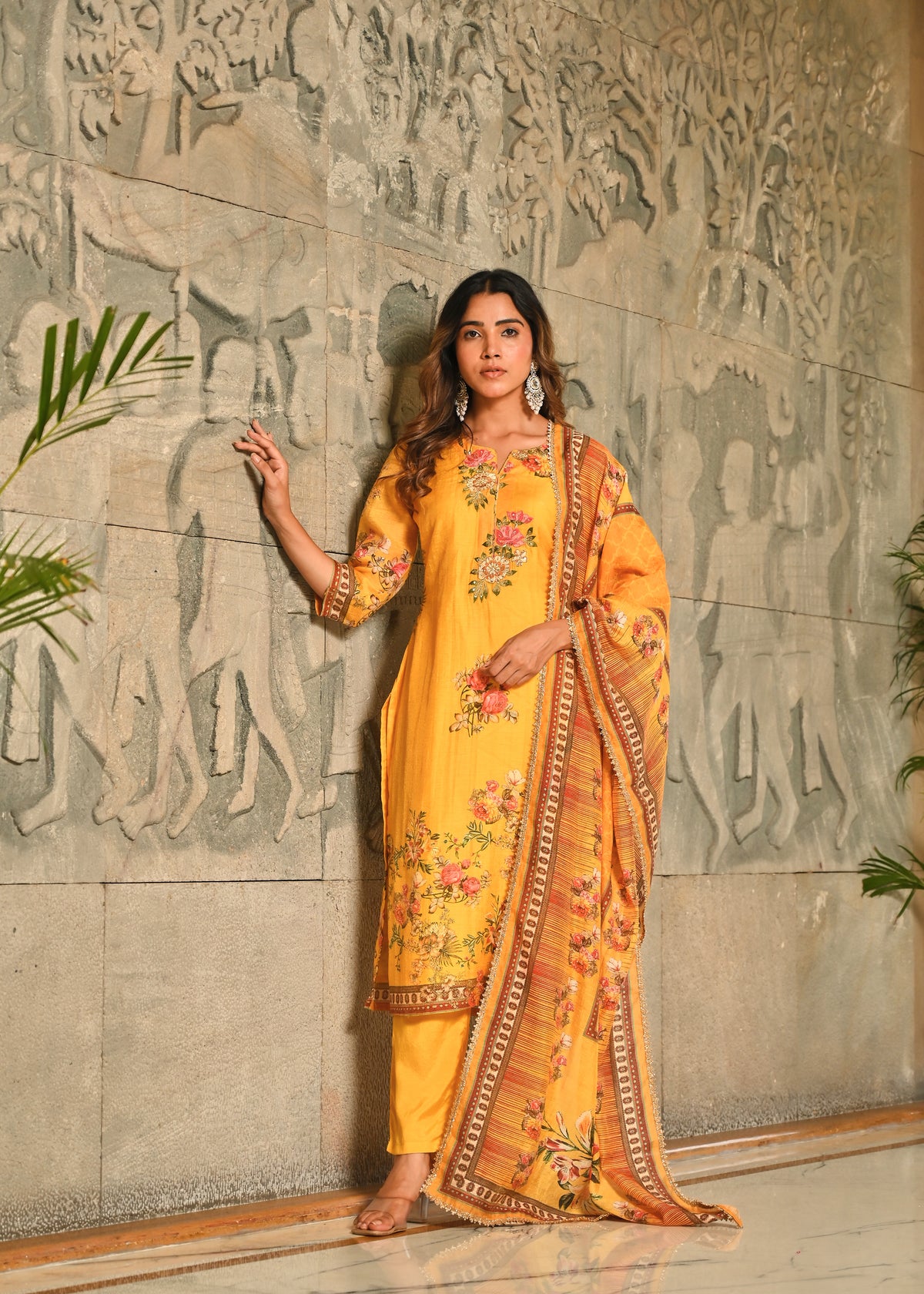 Yellow Zari - Kari & Phool Silk Kurta Dupatta Set