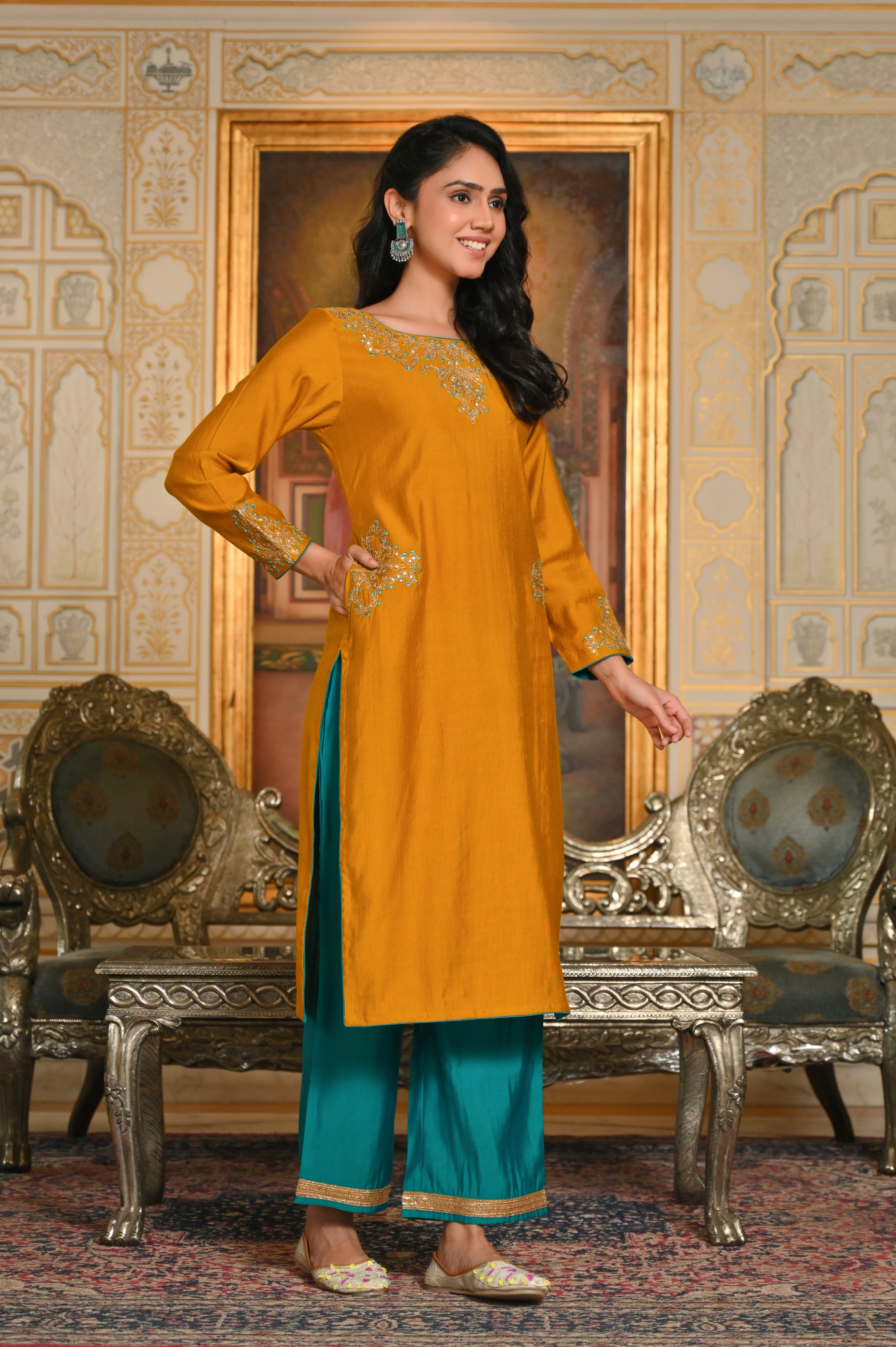 Mustard Dori Embroidered Maharani Kurta Set