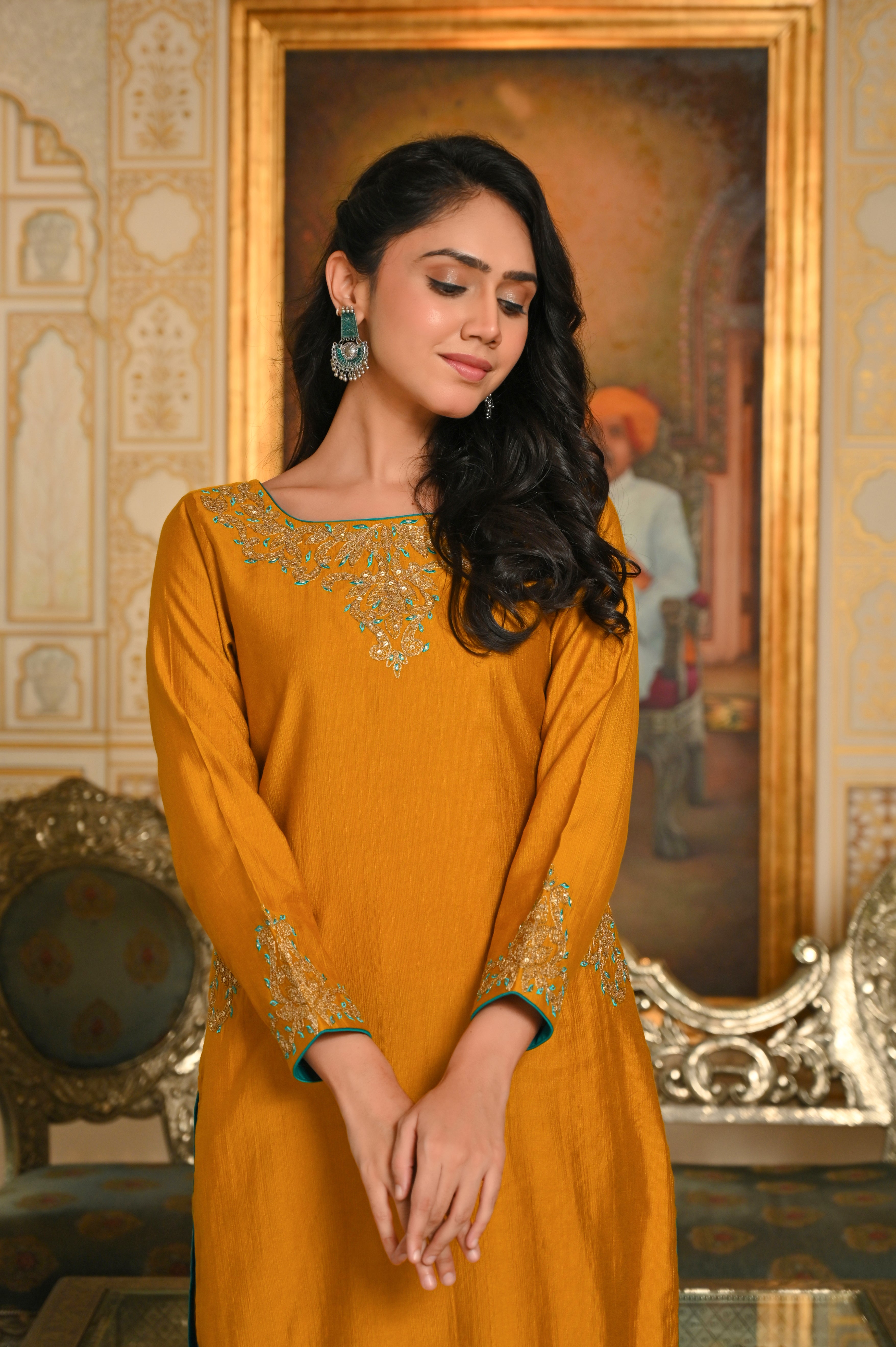 Mustard Dori Embroidered Maharani Kurta Set