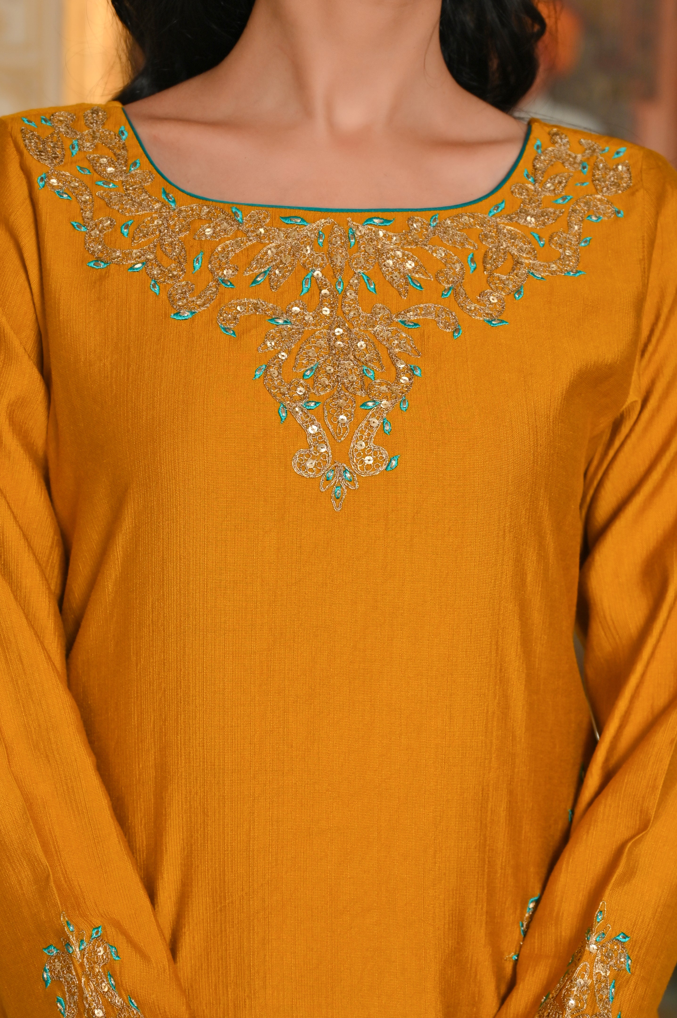 Mustard Dori Embroidered Maharani Kurta Set