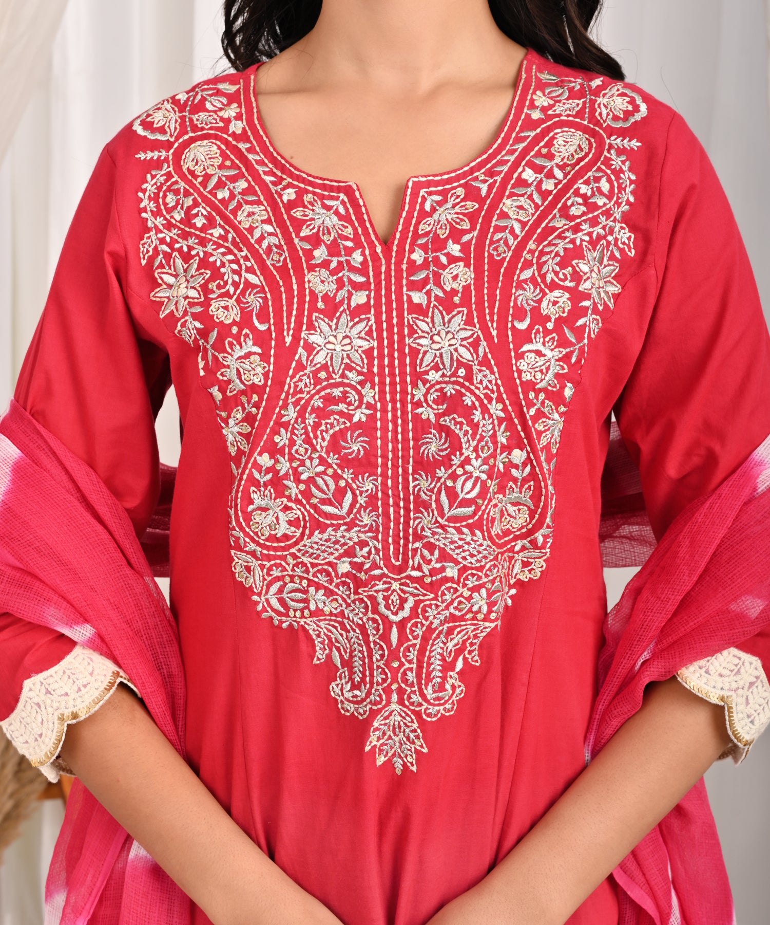 Laal Ritu Embroidered A-Line Kurta Set with Leheriya Dupatta